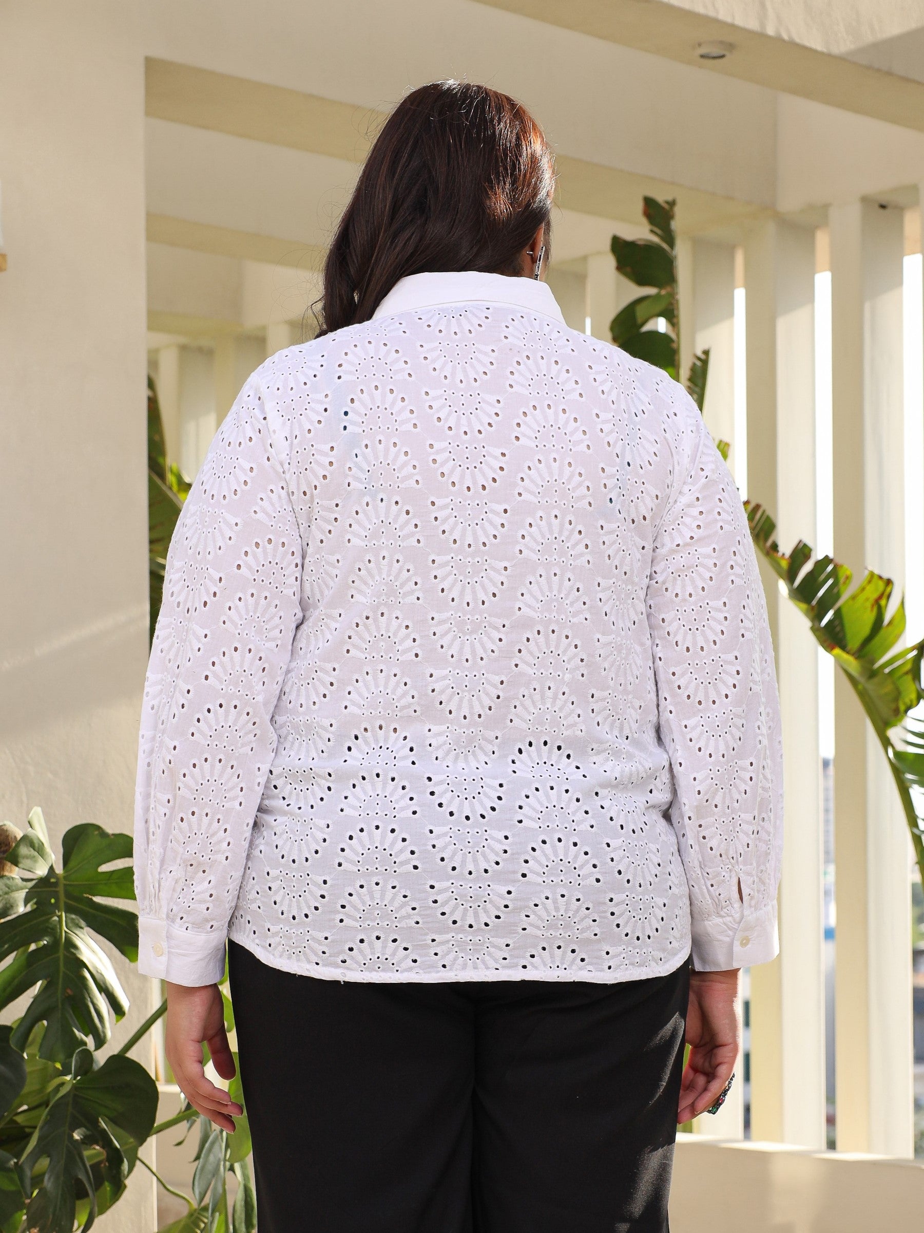 White Cotton Schiffli Women Solid Plus Size Shirt With Broad Cuff