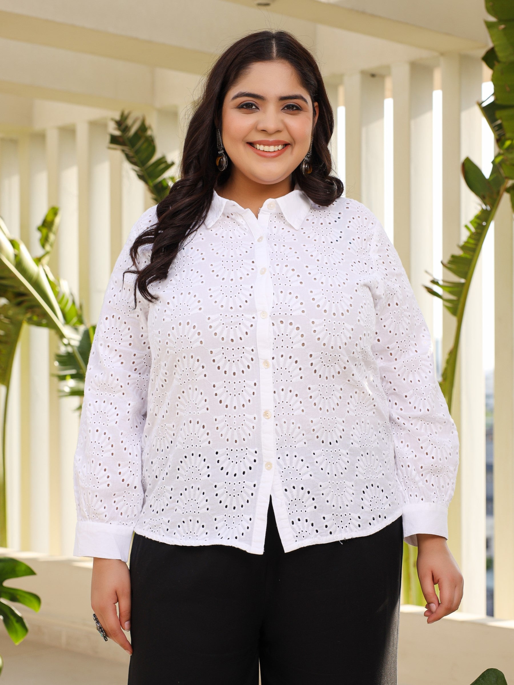 Juniper White Cotton Schiffli Women Solid Plus Size Shirt With Broad Cuff