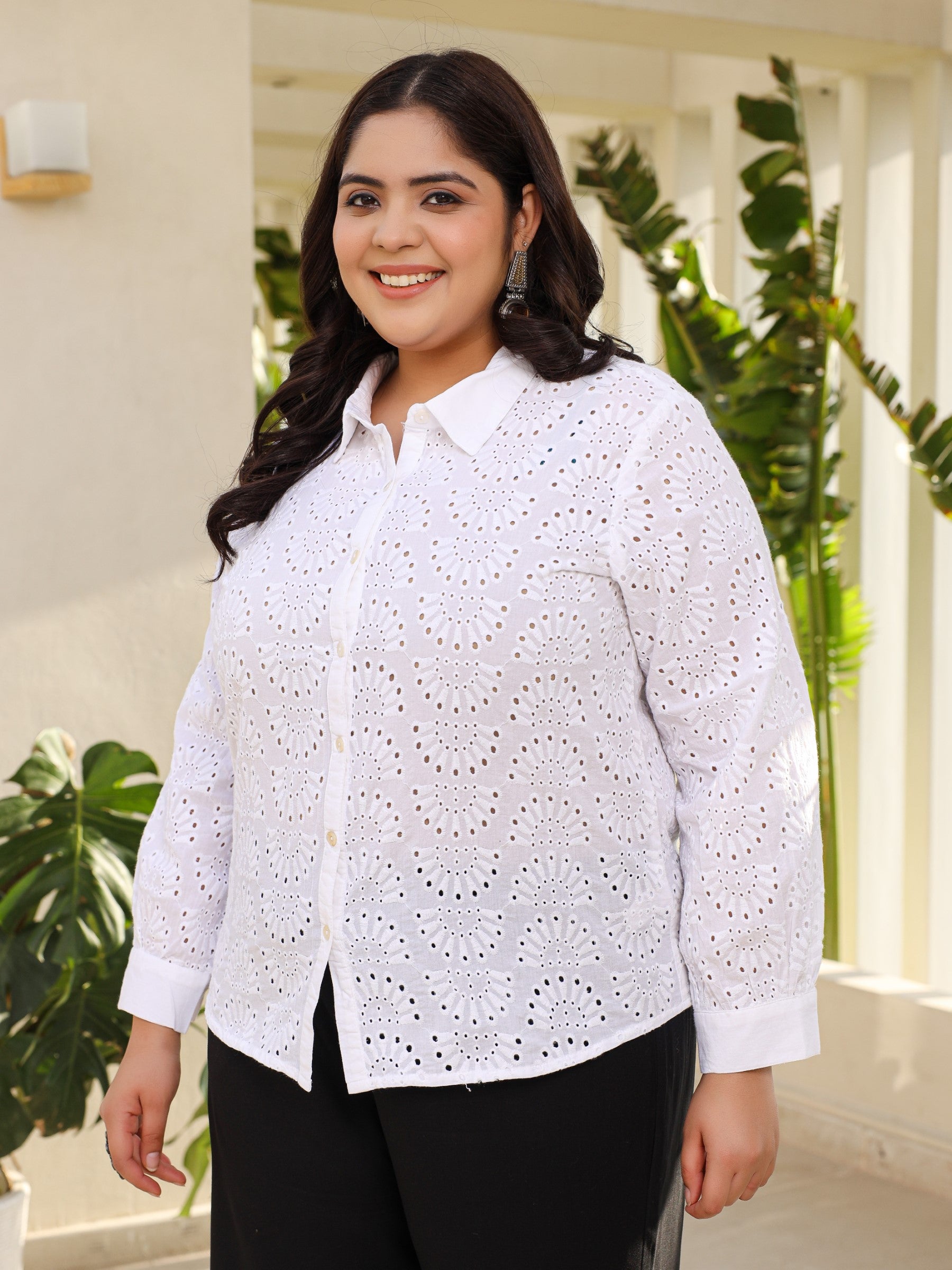 Juniper White Cotton Schiffli Women Solid Plus Size Shirt With Broad Cuff