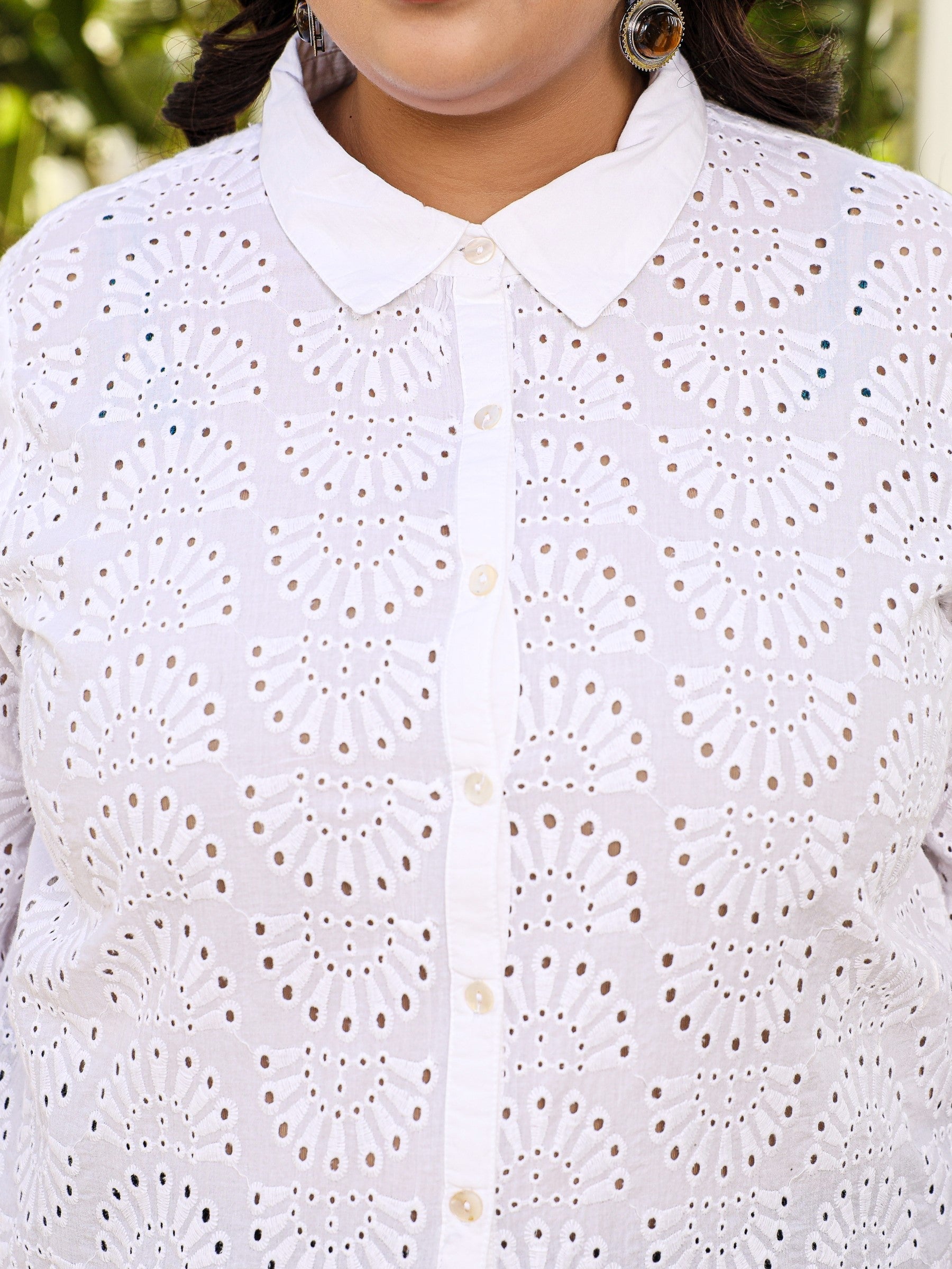 Juniper White Cotton Schiffli Women Solid Plus Size Shirt With Broad Cuff