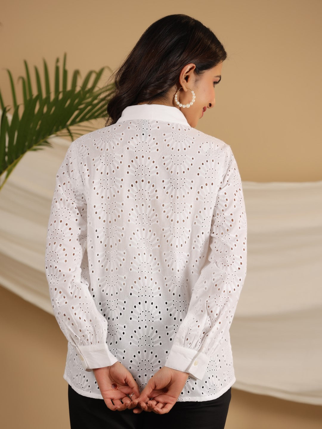 Juniper White Cotton Schiffli Women Solid Button-Up Design Shirt With Broad Cuff