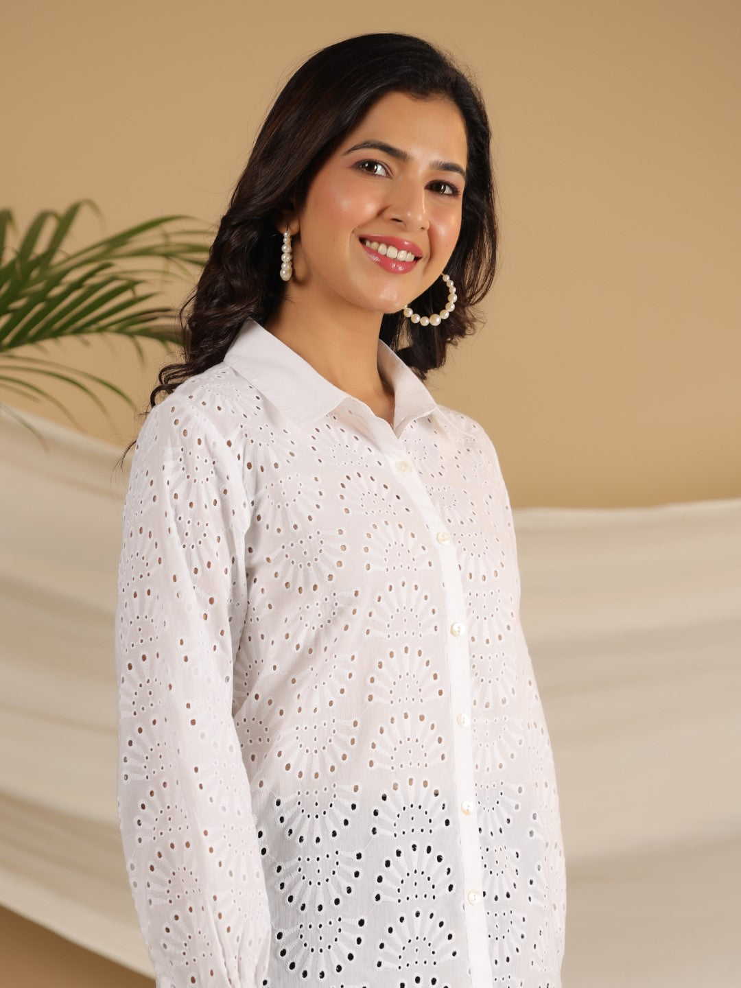 Juniper White Cotton Schiffli Women Solid Button-Up Design Shirt With Broad Cuff