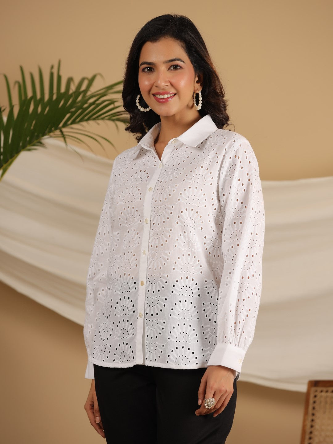 Juniper White Cotton Schiffli Women Solid Button-Up Design Shirt With Broad Cuff