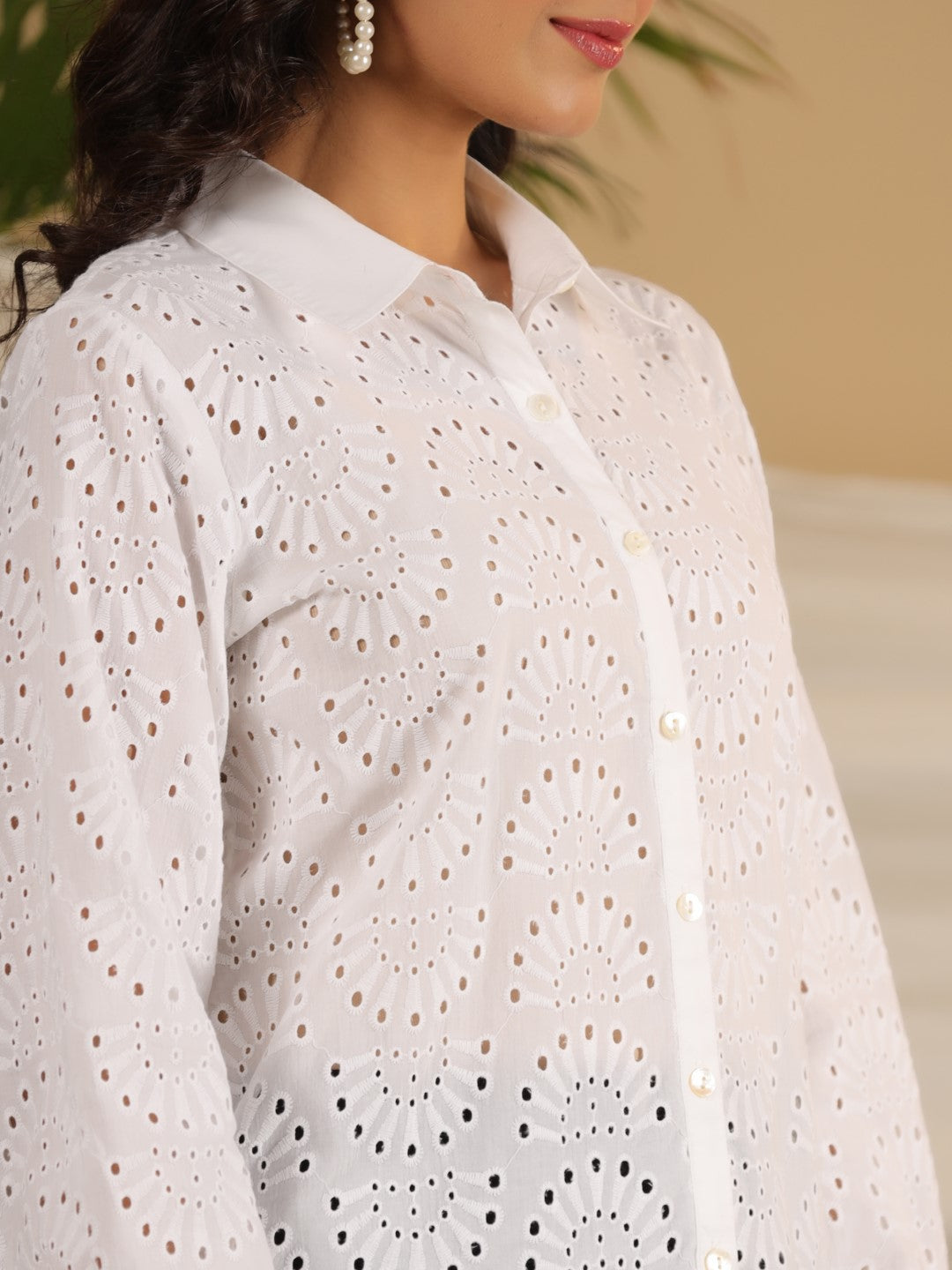 Juniper White Cotton Schiffli Women Solid Button-Up Design Shirt With Broad Cuff