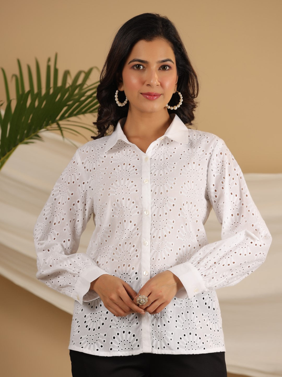 Juniper White Cotton Schiffli Women Solid Button-Up Design Shirt With Broad Cuff