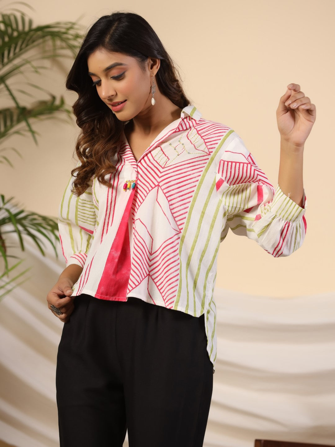 Juniper Pleated Off-White High Low Cotton Tunic With Contrast Beads And Sequenced Kantha Work