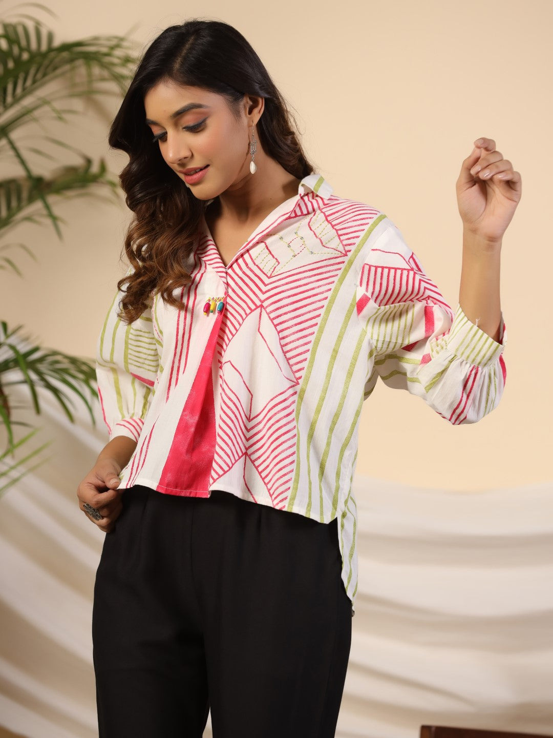 Juniper Pleated Off-White High Low Cotton Tunic With Contrast Beads And Sequenced Kantha Work