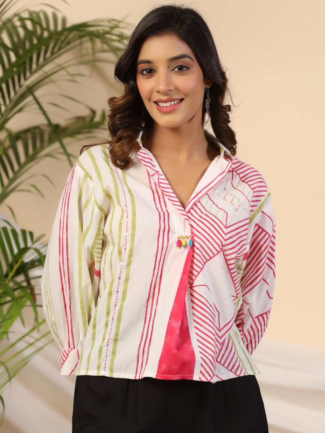 Juniper Pleated Off-White High Low Cotton Tunic With Contrast Beads And Sequenced Kantha Work