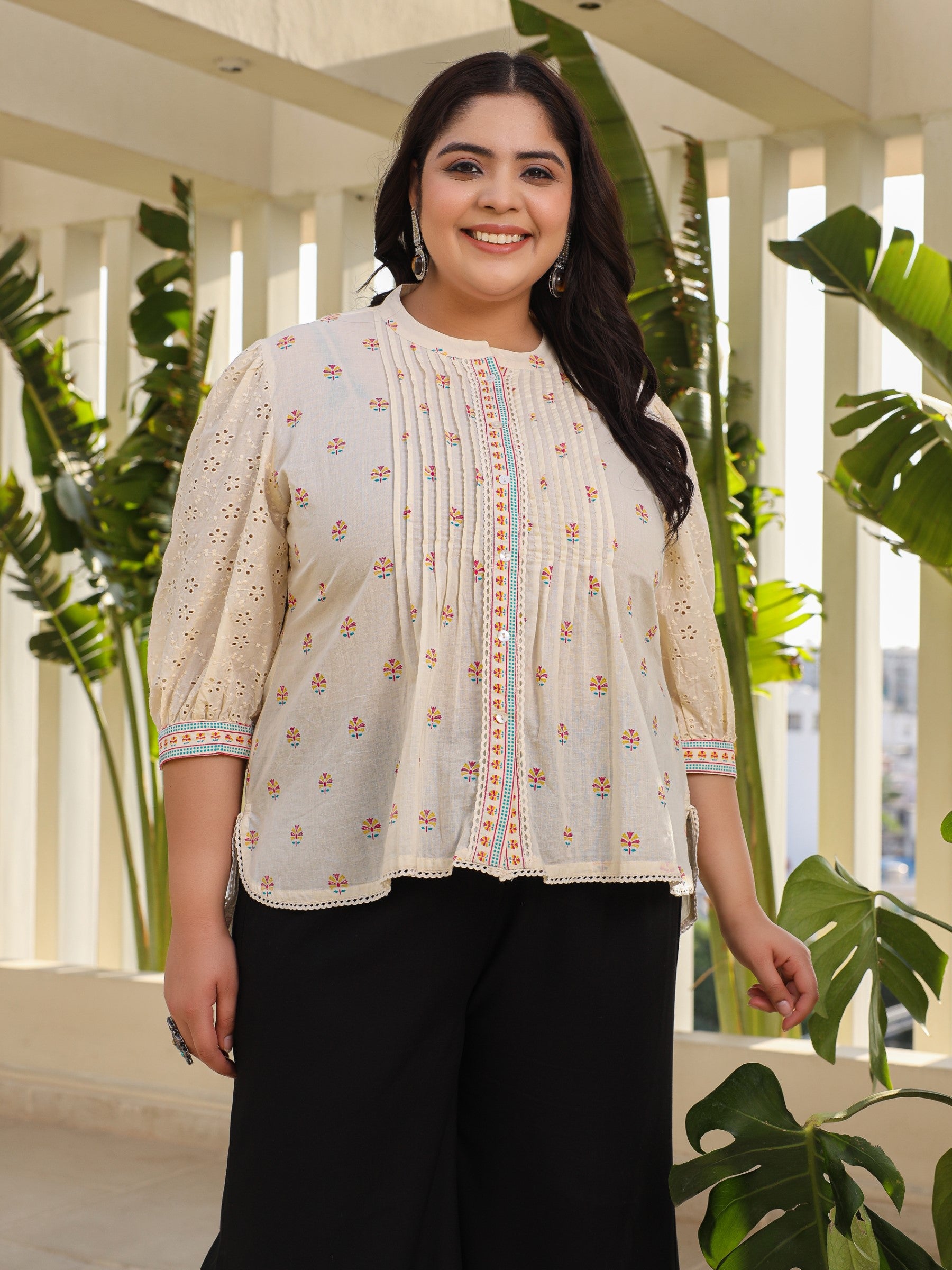 Off-White Ethnic Motif Printed Cotton Plus Size High-Low Tunic With Pintucks & Lace