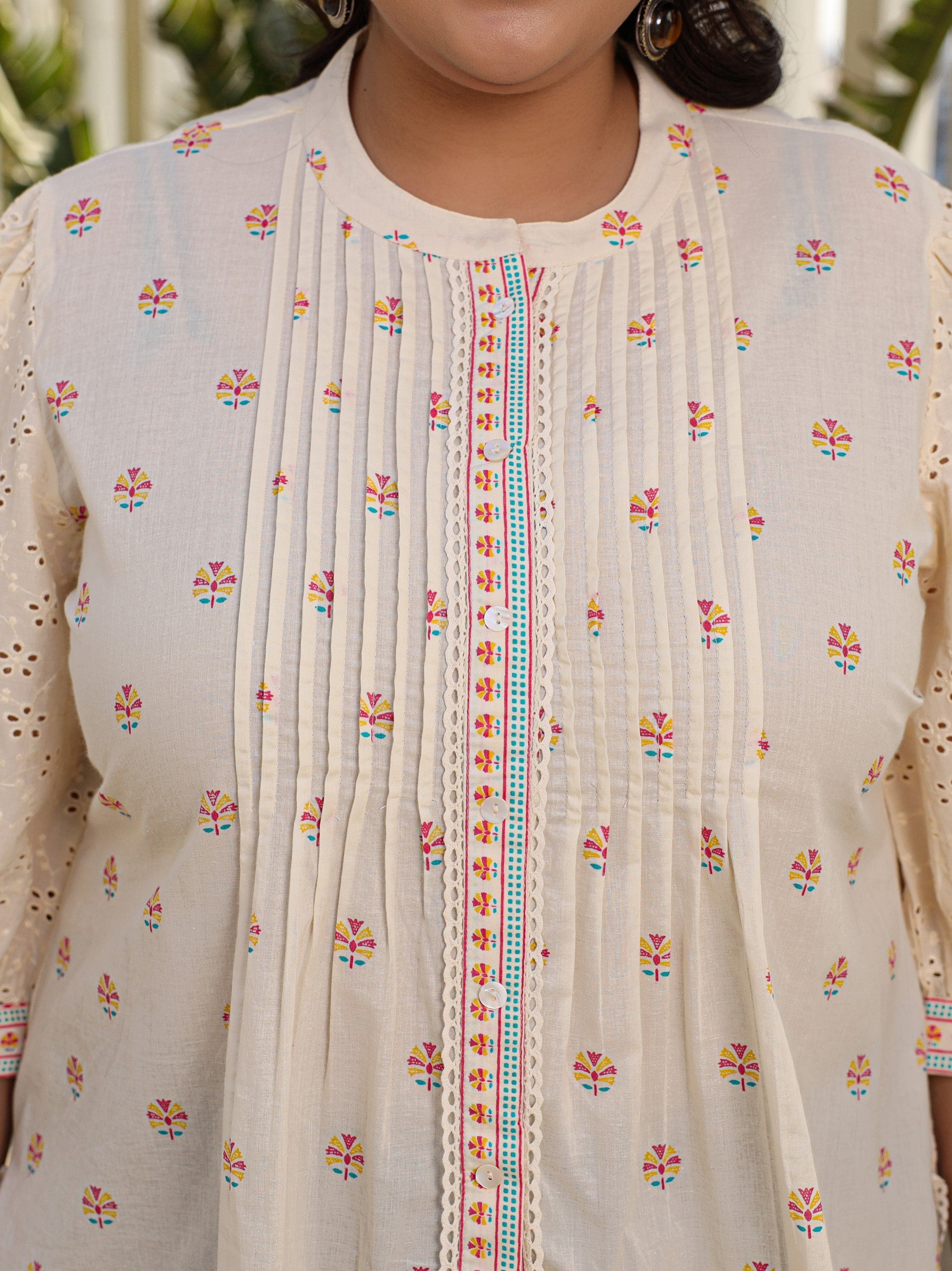 Juniper Off-White Ethnic Motif Printed Cotton Plus Size High-Low Tunic With Pintucks & Lace