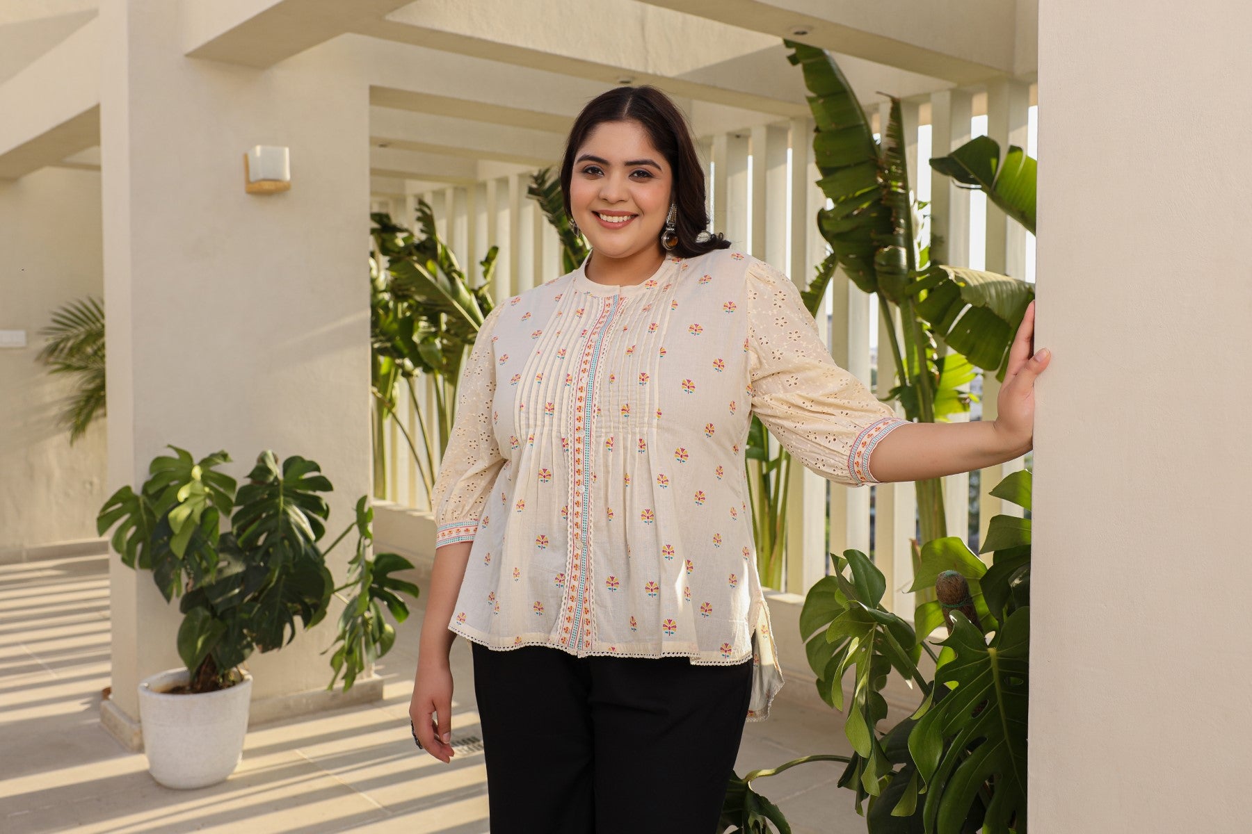 Off-White Ethnic Motif Printed Cotton Plus Size High-Low Tunic With Pintucks & Lace