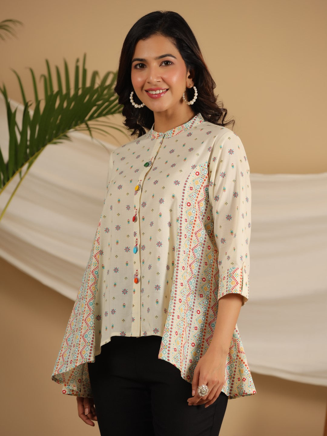 Ivory Cotton Cambric Printed Flared Shirt