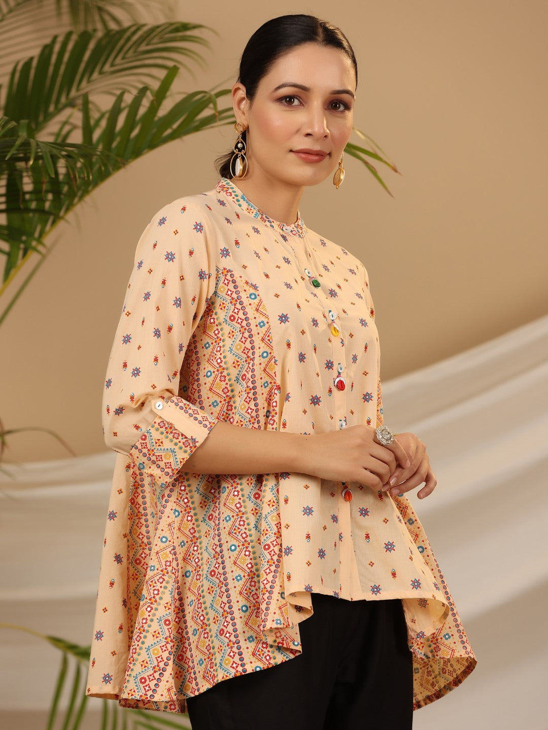 Juniper Peach Tribal Printed Pure Cotton Tunic With Beads Work