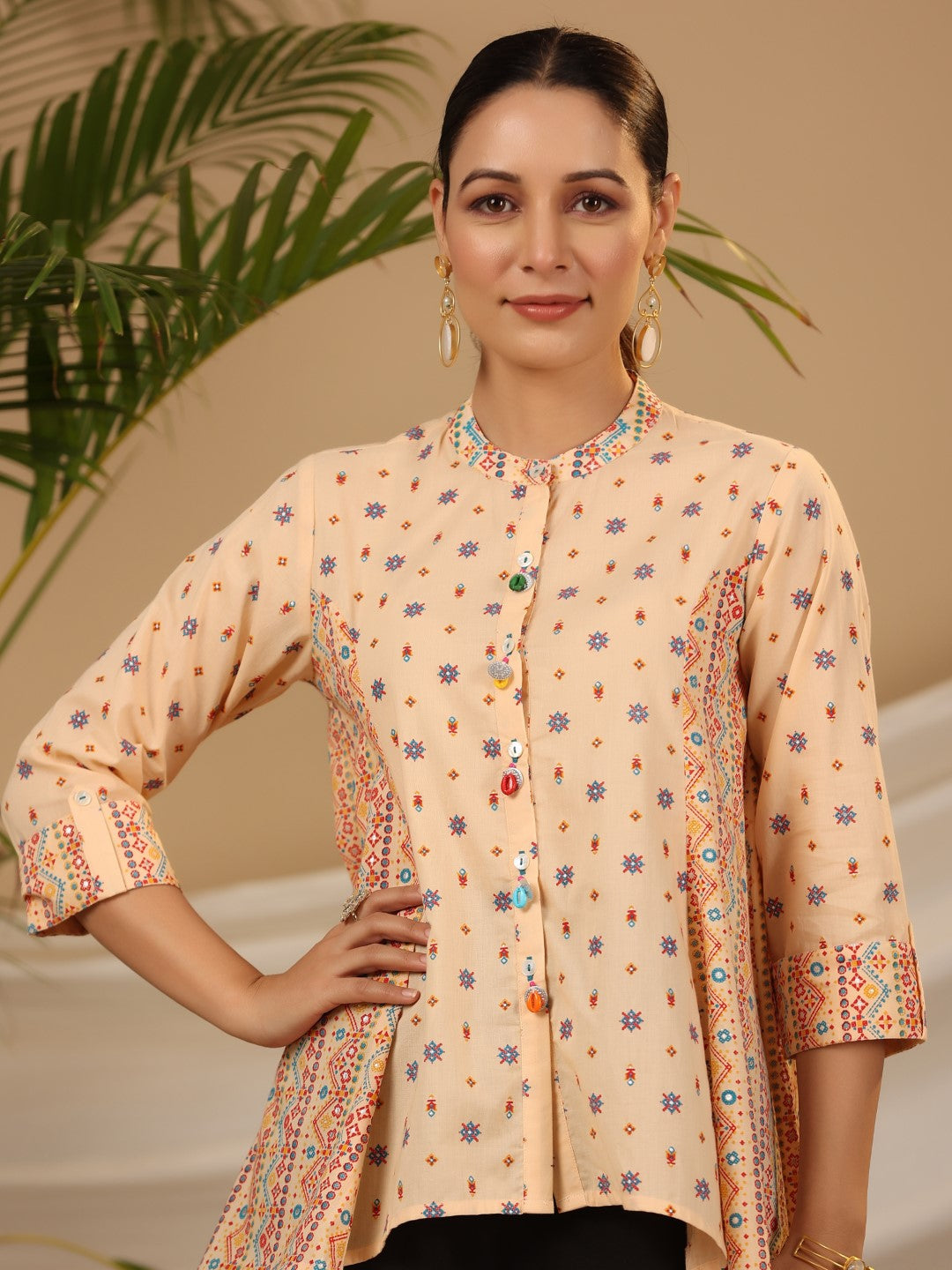 Buy Juniper Peach Tribal Printed Cotton Tunic - Beads Work Details