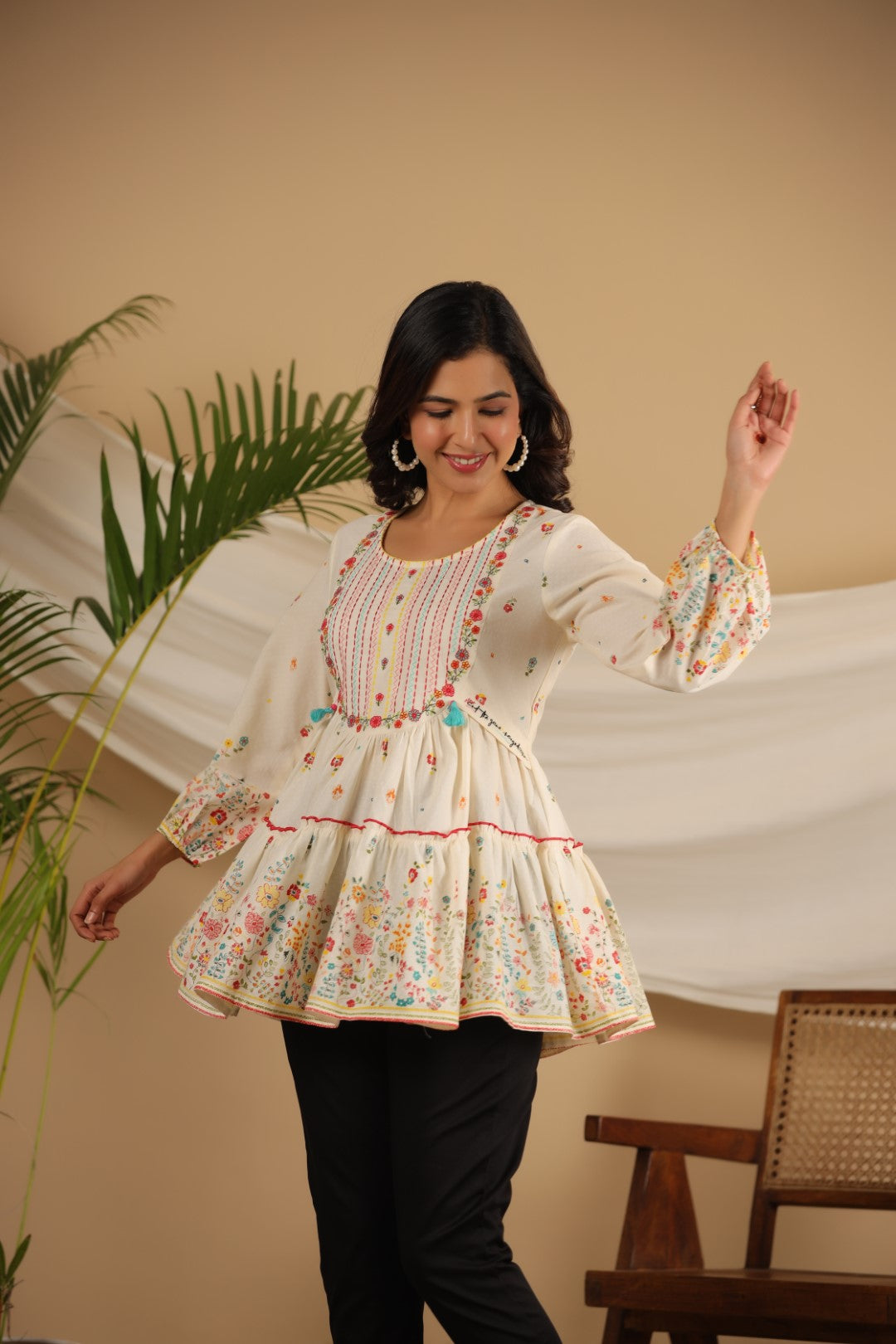 Juniper Women Off-White Floral Printed Cotton Peplum Tunic With Thread Embroidery