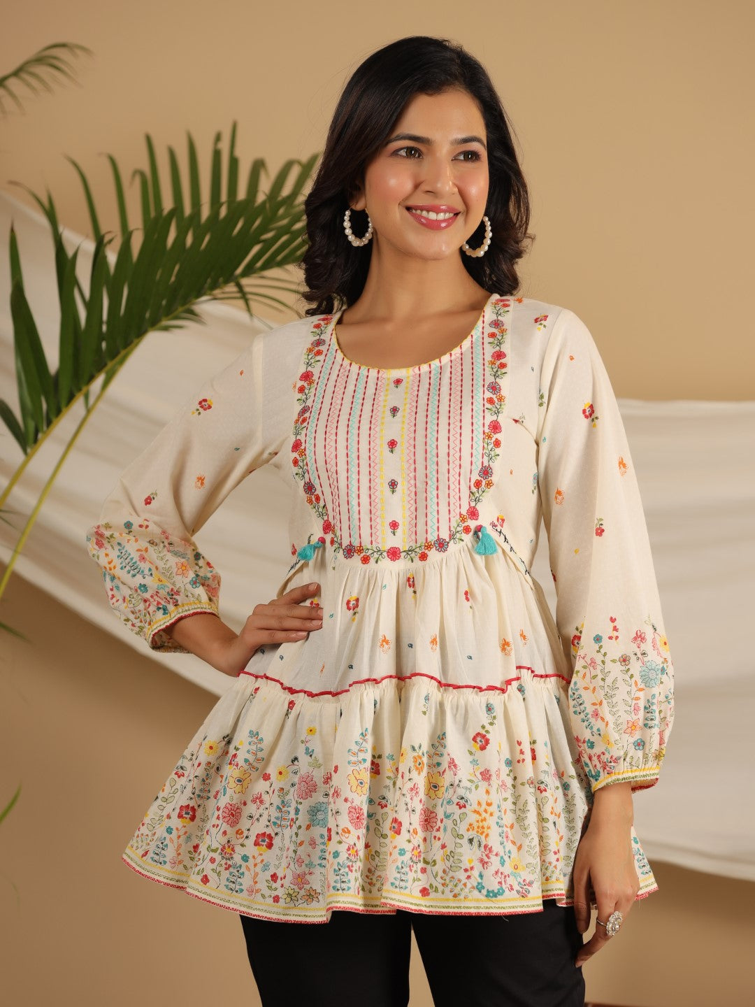 Juniper Women Off-White Floral Printed Cotton Peplum Tunic With Thread Embroidery