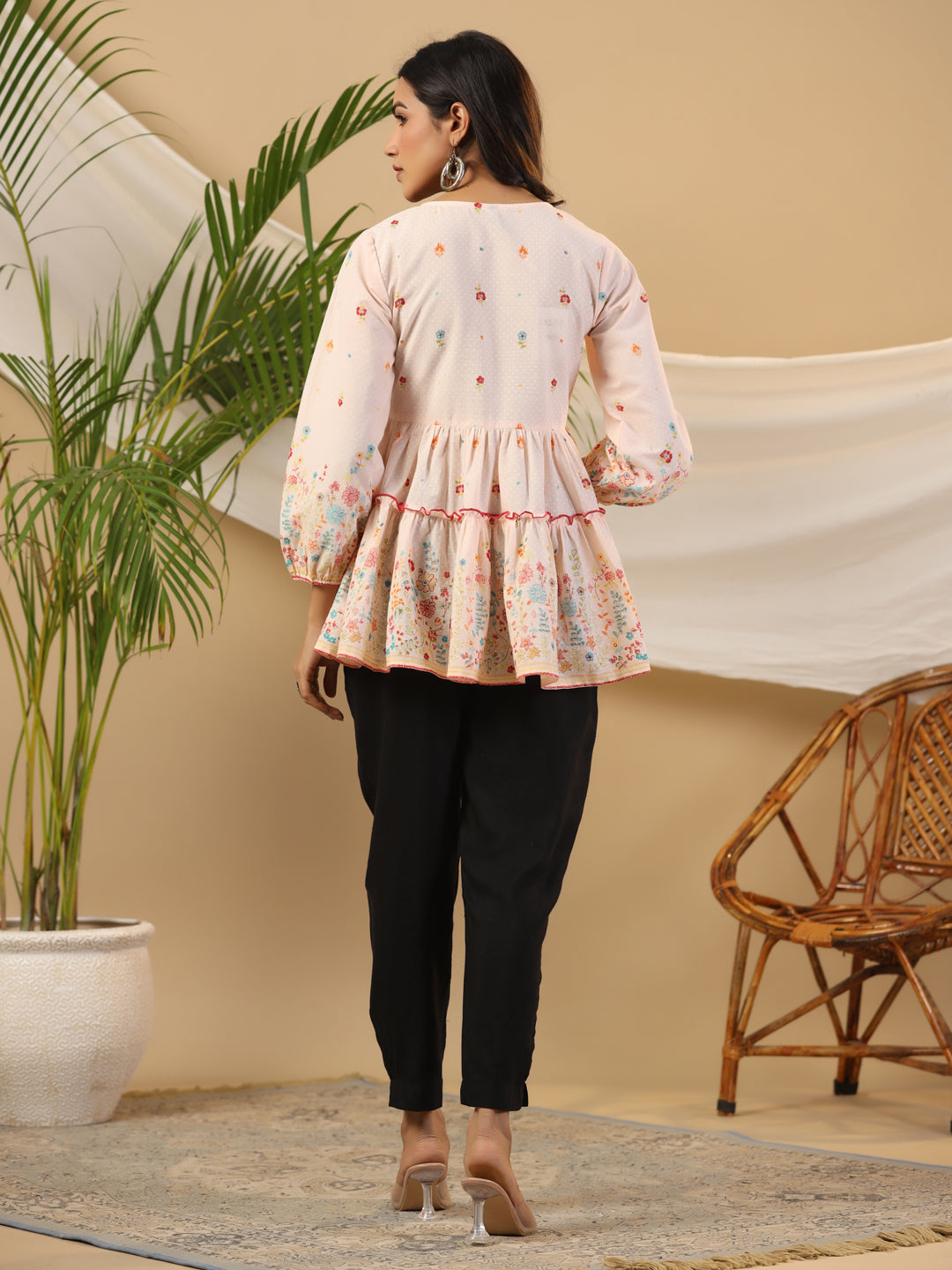 Peach Cotton Cambric Printed with Embroidery Peplum Tunic
