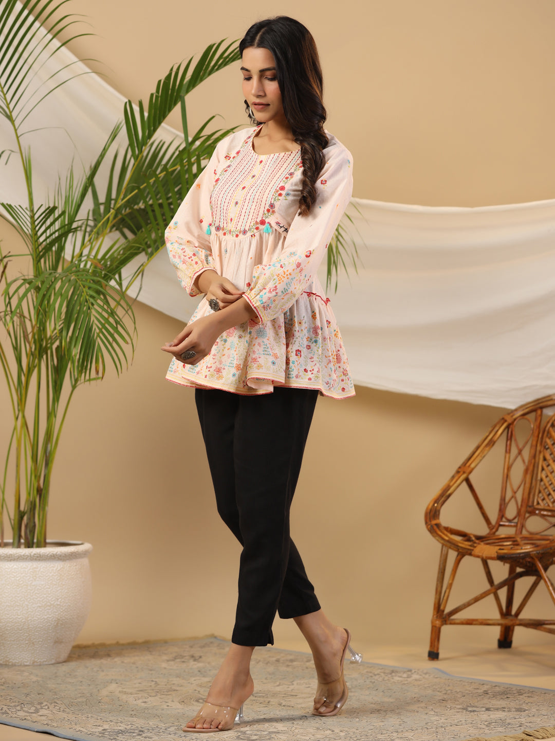 Peach Cotton Cambric Printed with Embroidery Peplum Tunic