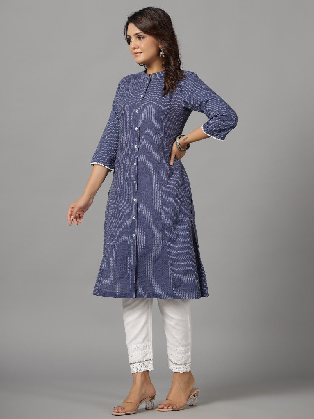 Juniper Navy Blue Stripped Cotton Dobby Kurta With Quarter-Sleeved Inner Layer