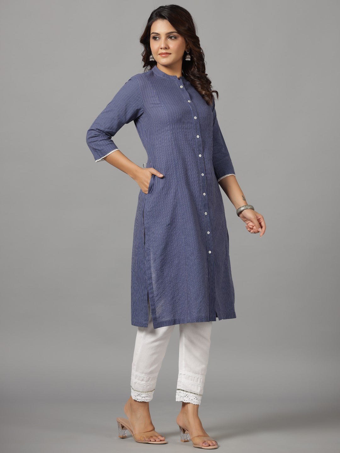 Juniper Navy Blue Stripped Cotton Dobby Kurta With Quarter-Sleeved Inner Layer