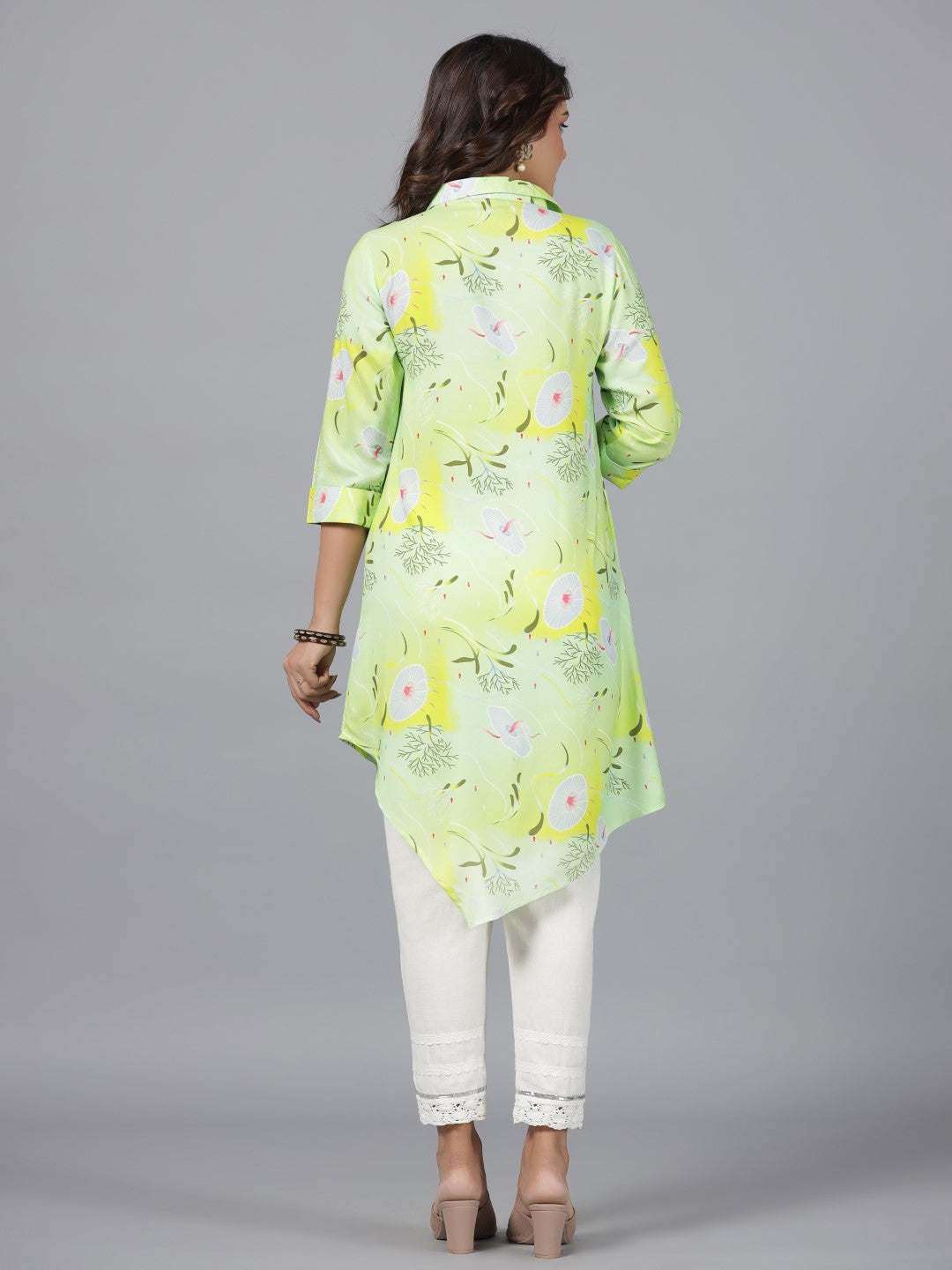 Juniper Lime Green Women Rayon Aquatic Printed & Asymmetric Kurta