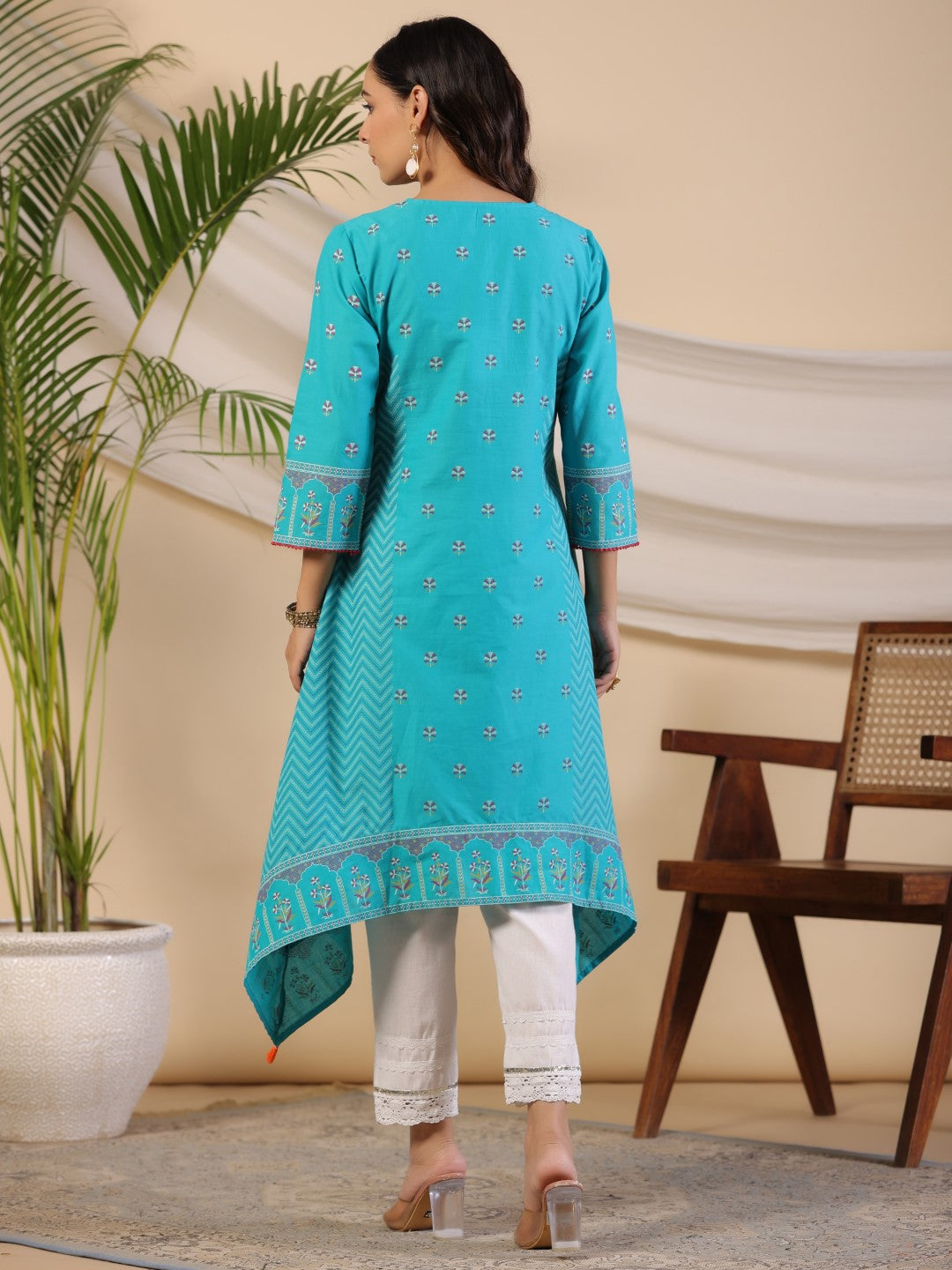 Juniper Teal Dobby Cotton Kurta With Beads & Sequins Work