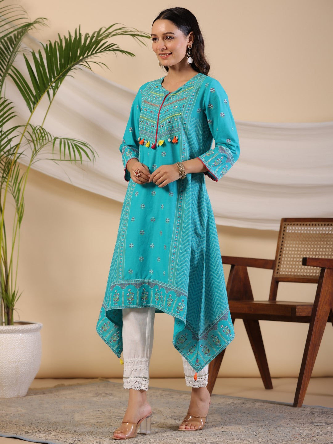 Juniper Teal Dobby Cotton Kurta With Beads & Sequins Work