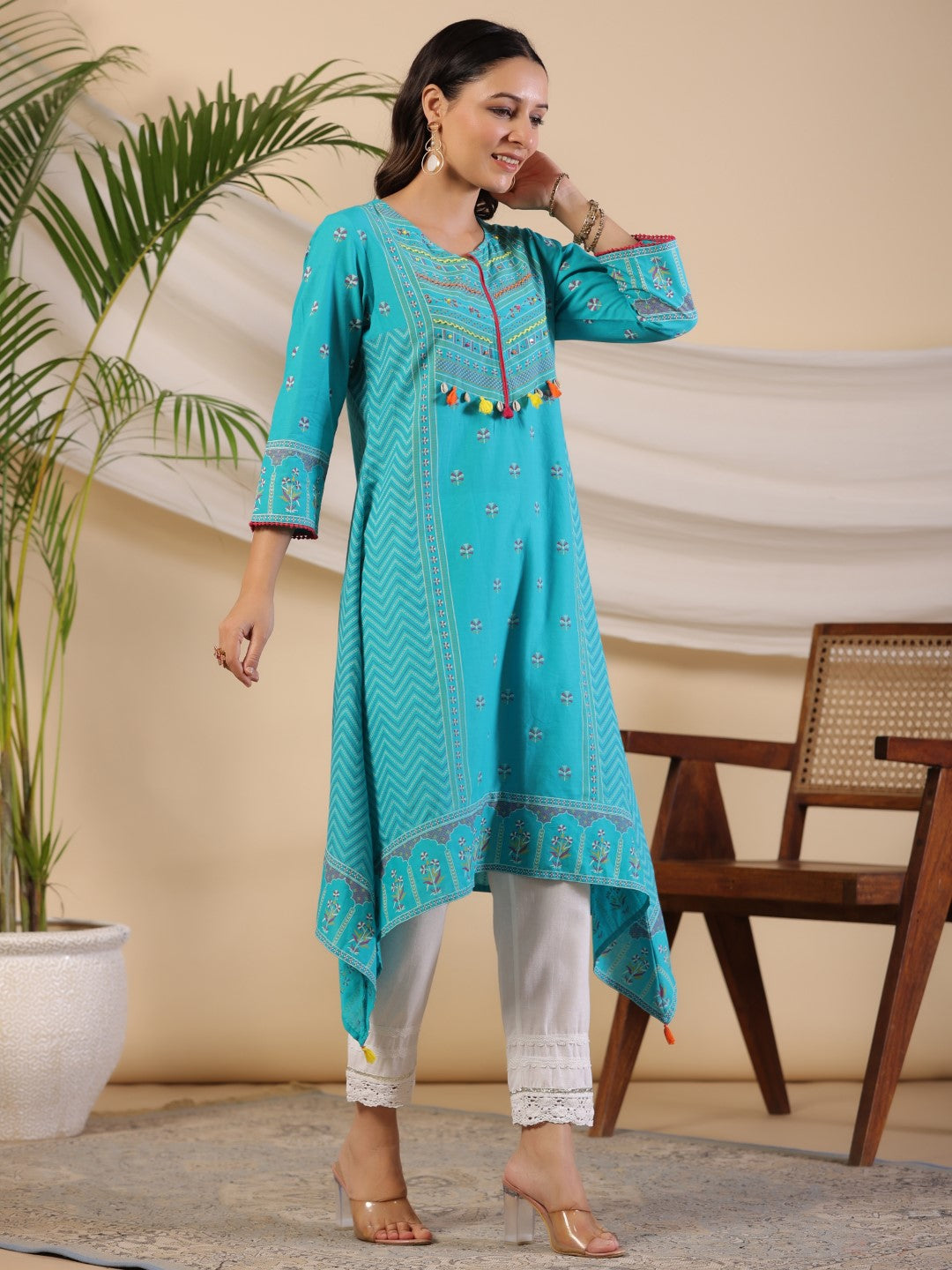 Juniper Teal Dobby Cotton Kurta With Beads & Sequins Work