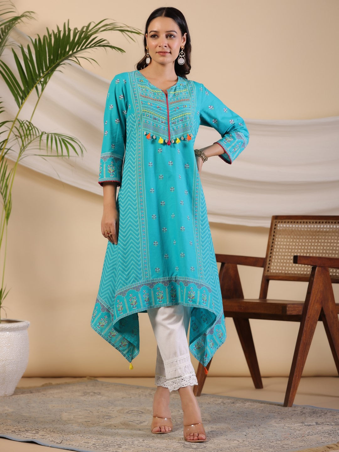 Juniper Teal Dobby Cotton Kurta With Beads & Sequins Work