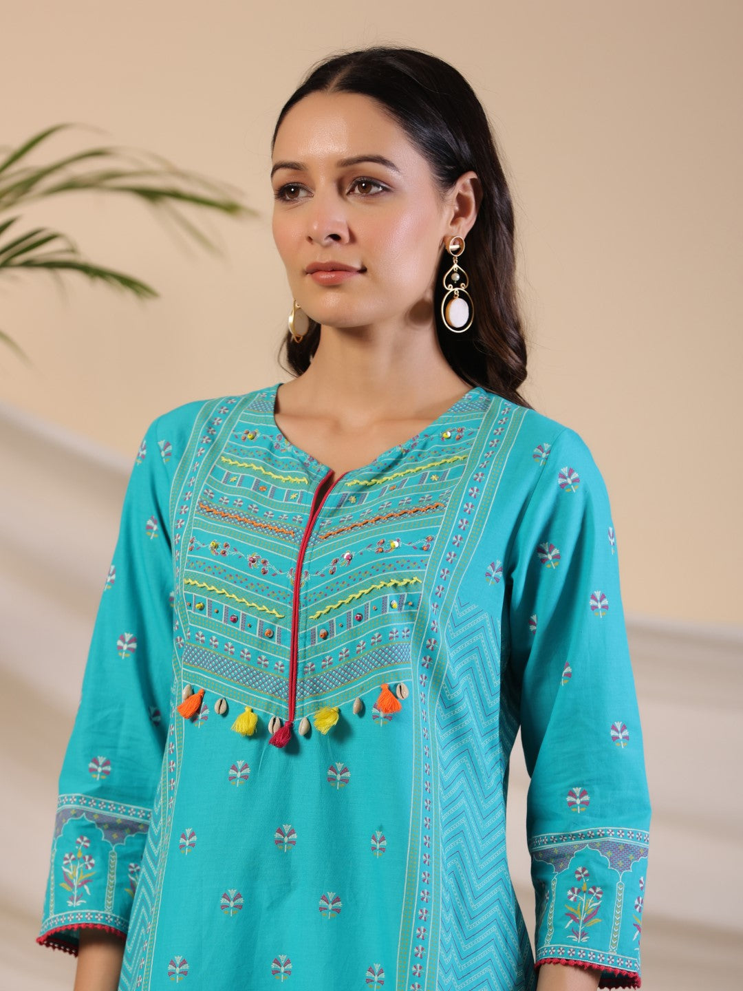 Juniper Teal Dobby Cotton Kurta With Beads & Sequins Work
