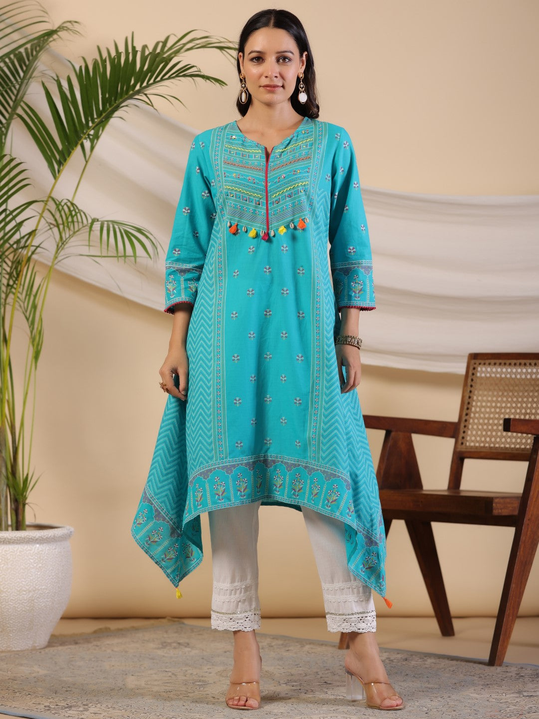 Juniper Teal Dobby Cotton Kurta With Beads & Sequins Work