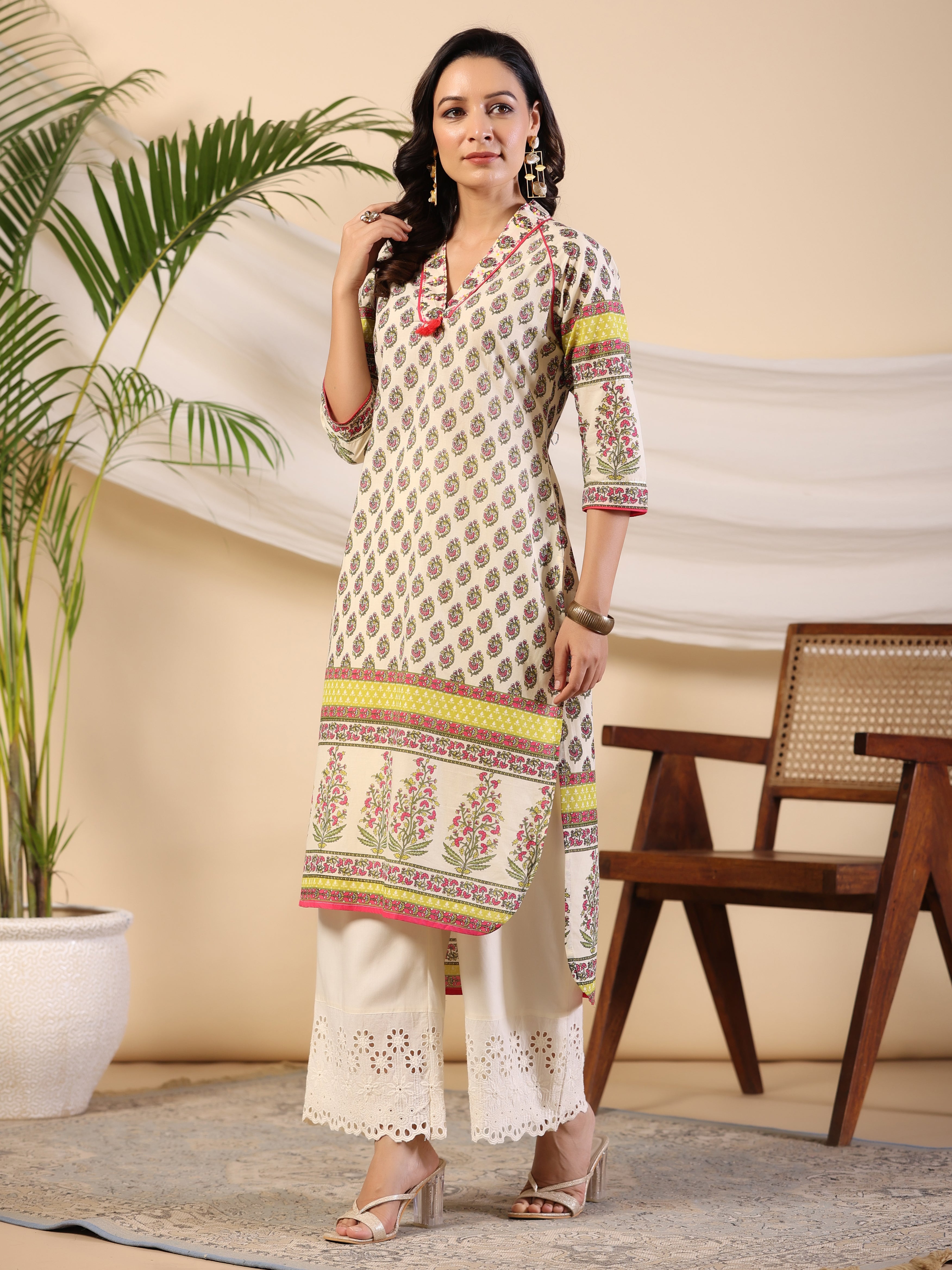 Juniper Women Beige Ethnic Motif Printed High Low Cotton Kurta With Kaudis Tassels & Contract Piping