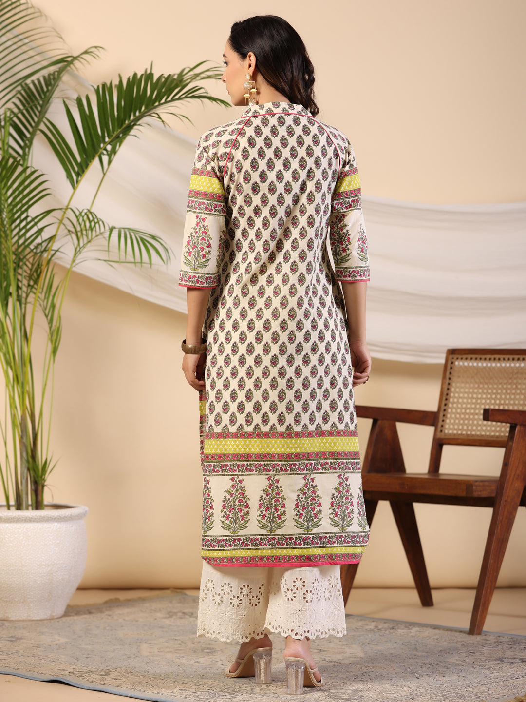 Juniper Women Beige Ethnic Motif Printed High Low Cotton Kurta With Kaudis Tassels & Contract Piping