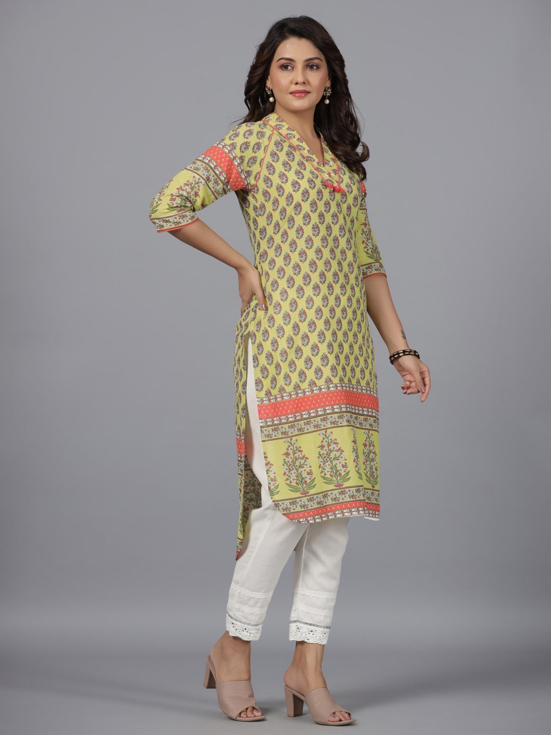 Juniper Women Lime Green Ethnic Motif Printed High Low Cotton Kurta With Kaudis Tassels & Contract Piping
