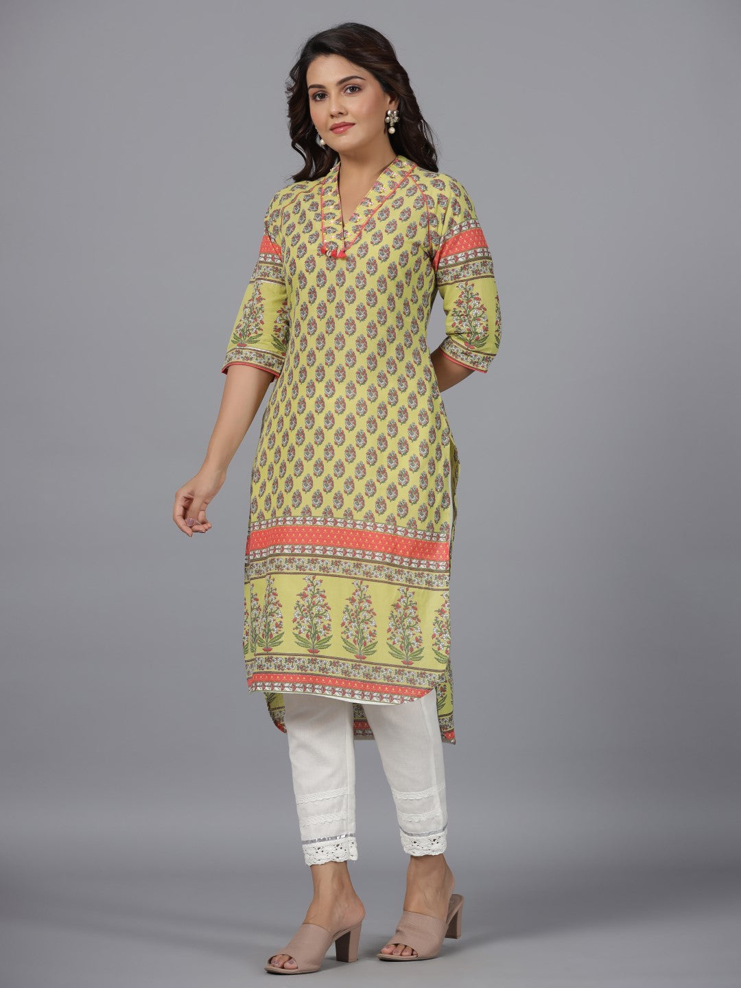 Juniper Women Lime Green Ethnic Motif Printed High Low Cotton Kurta With Kaudis Tassels & Contract Piping