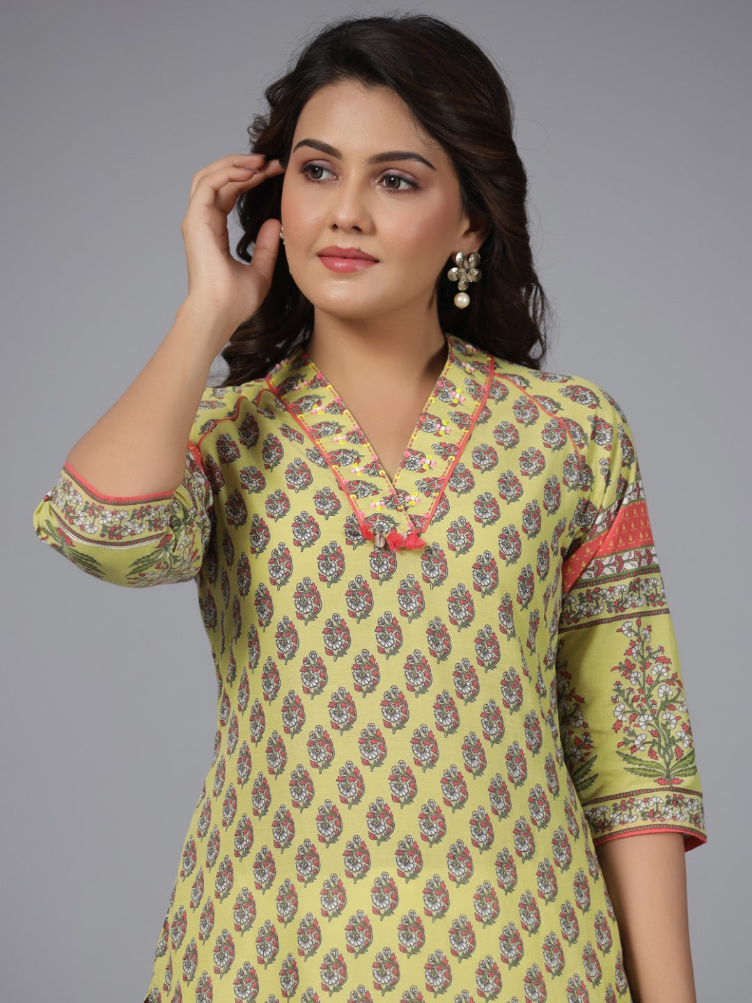 Juniper Women Lime Green Ethnic Motif Printed High Low Cotton Kurta With Kaudis Tassels & Contract Piping
