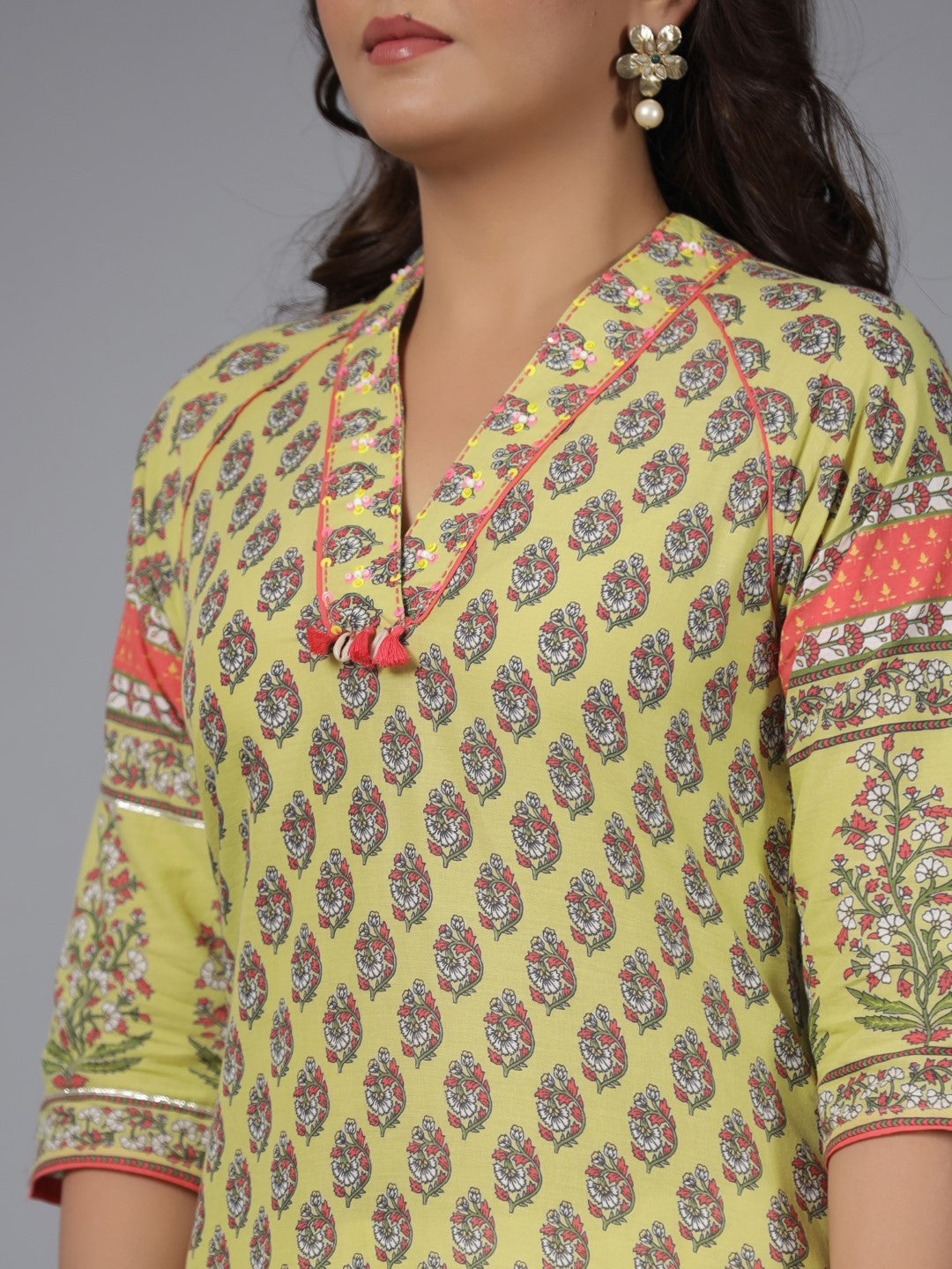 Juniper Women Lime Green Ethnic Motif Printed High Low Cotton Kurta With Kaudis Tassels & Contract Piping