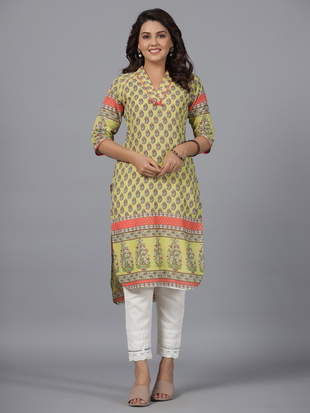 Juniper Women Lime Green Ethnic Motif Printed High Low Cotton Kurta With Kaudis Tassels & Contract Piping