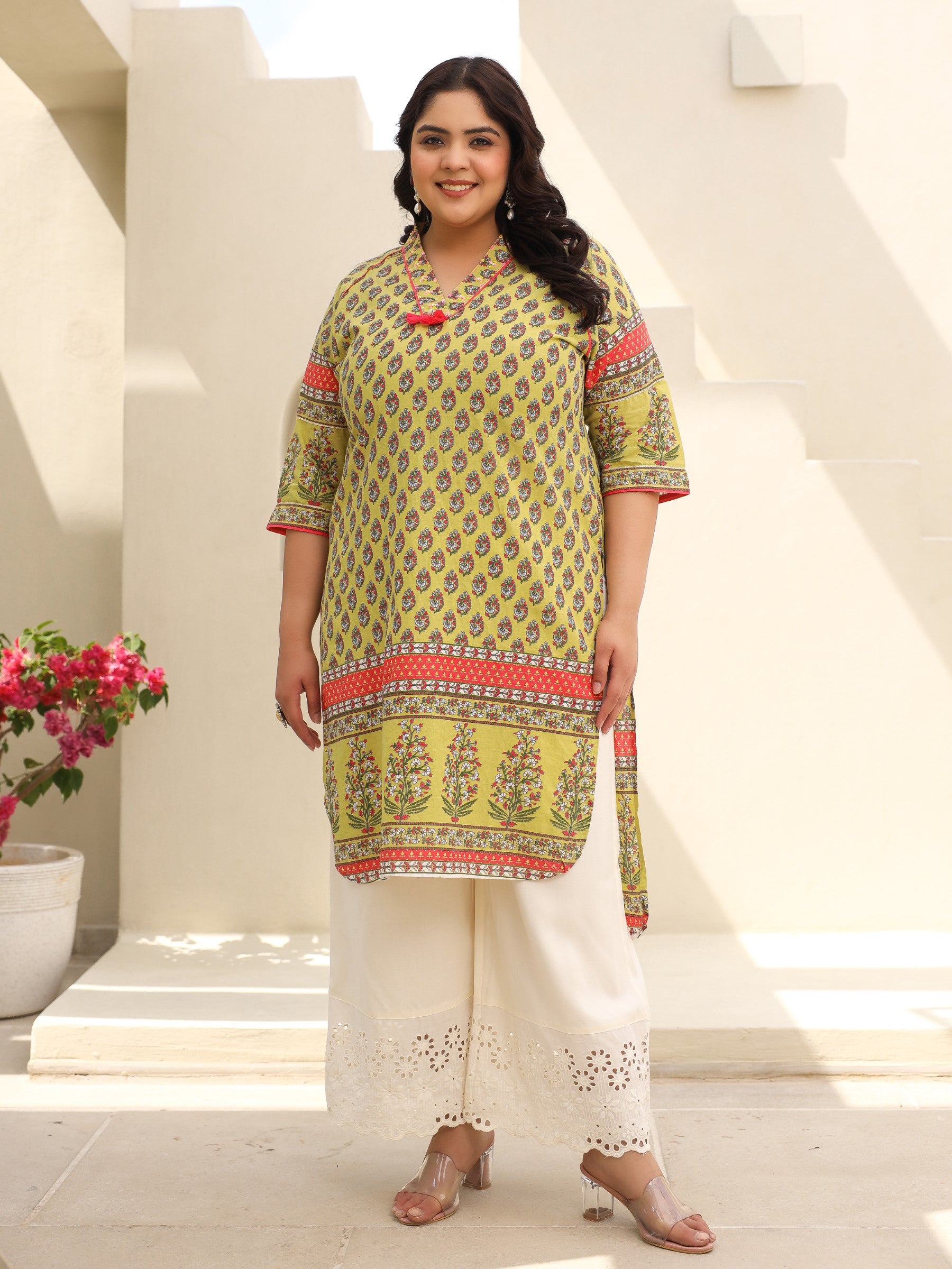 Juniper The Madhubala Women Lime Green Ethnic Motif Printed High Low Cotton Plus Size Kurta With Kaudis Tassels & Contract Piping