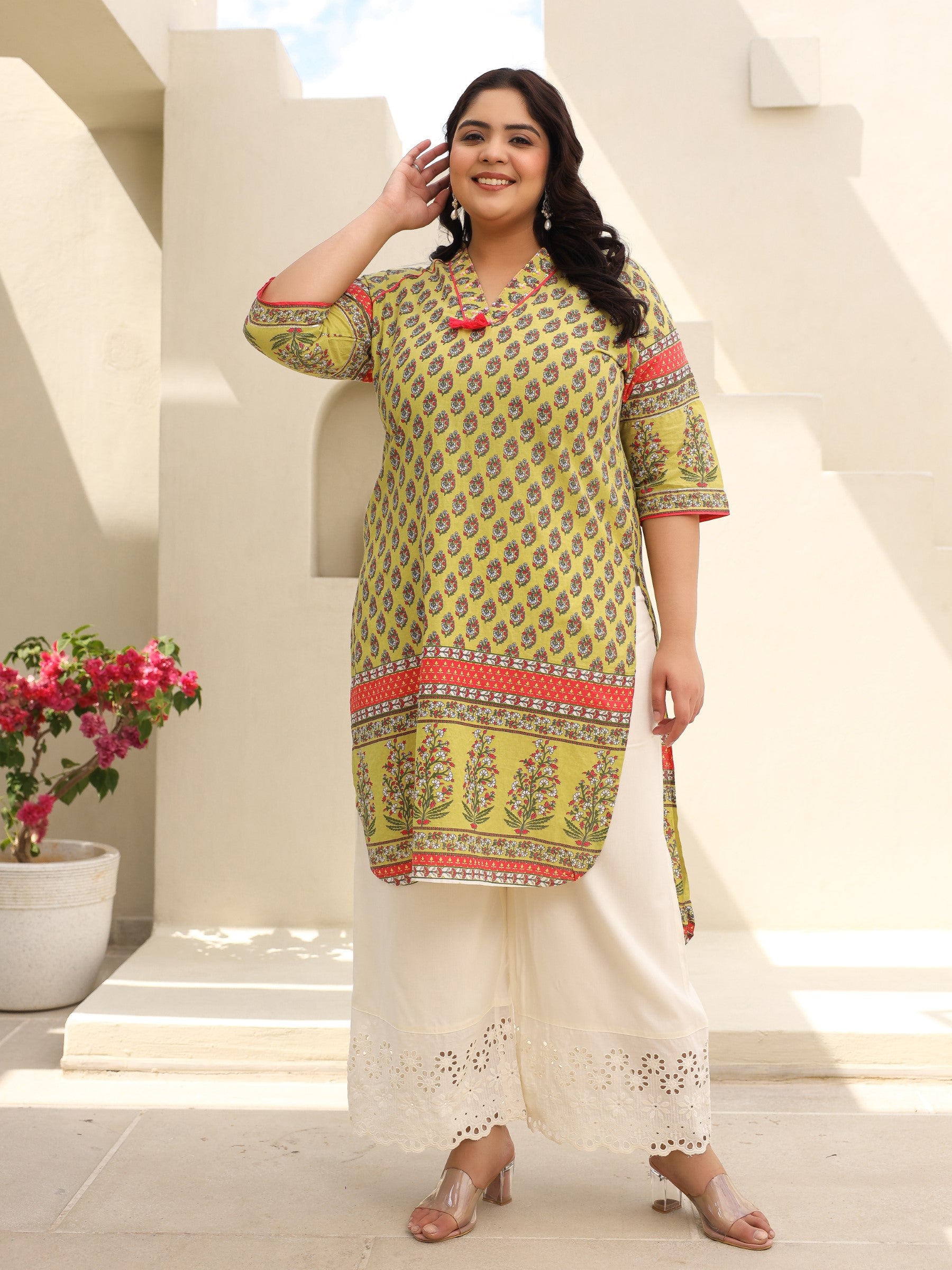 The Madhubala Women Lime Green Ethnic Motif Printed High Low Cotton Plus Size Kurta With Kaudis Tassels & Contract Piping