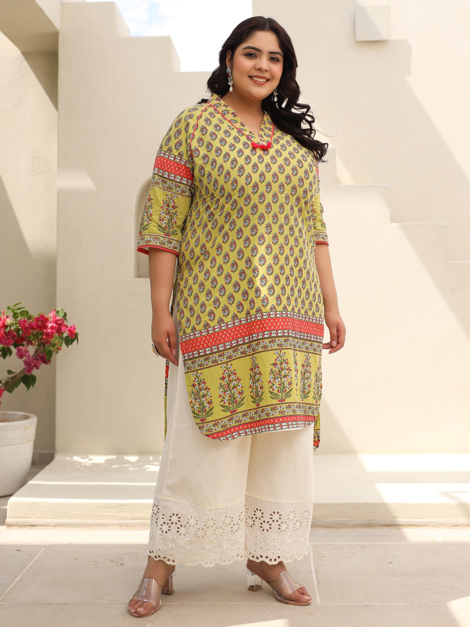 Juniper The Madhubala Women Lime Green Ethnic Motif Printed High Low Cotton Plus Size Kurta With Kaudis Tassels & Contract Piping