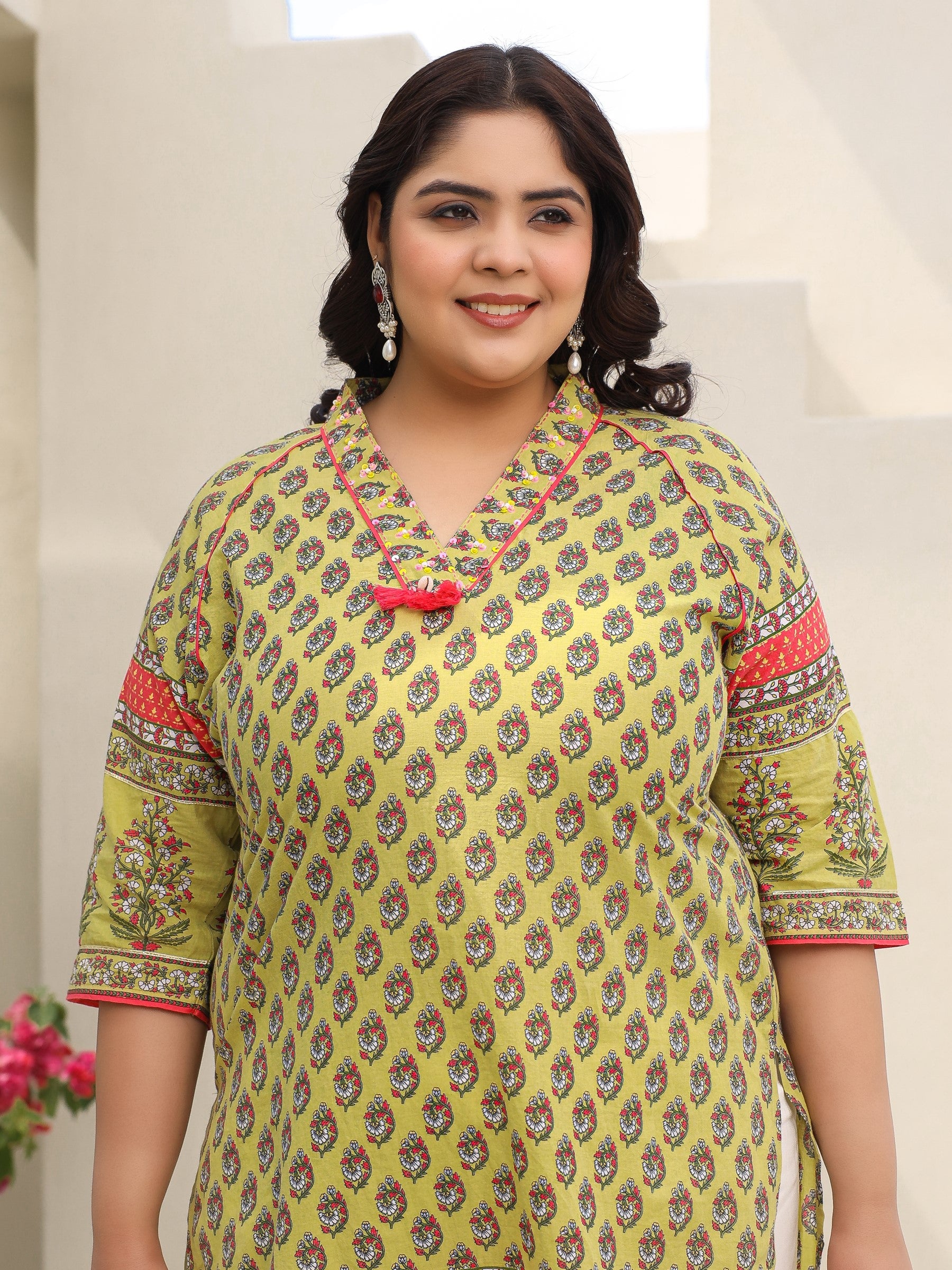 Juniper The Madhubala Women Lime Green Ethnic Motif Printed High Low Cotton Plus Size Kurta With Kaudis Tassels & Contract Piping