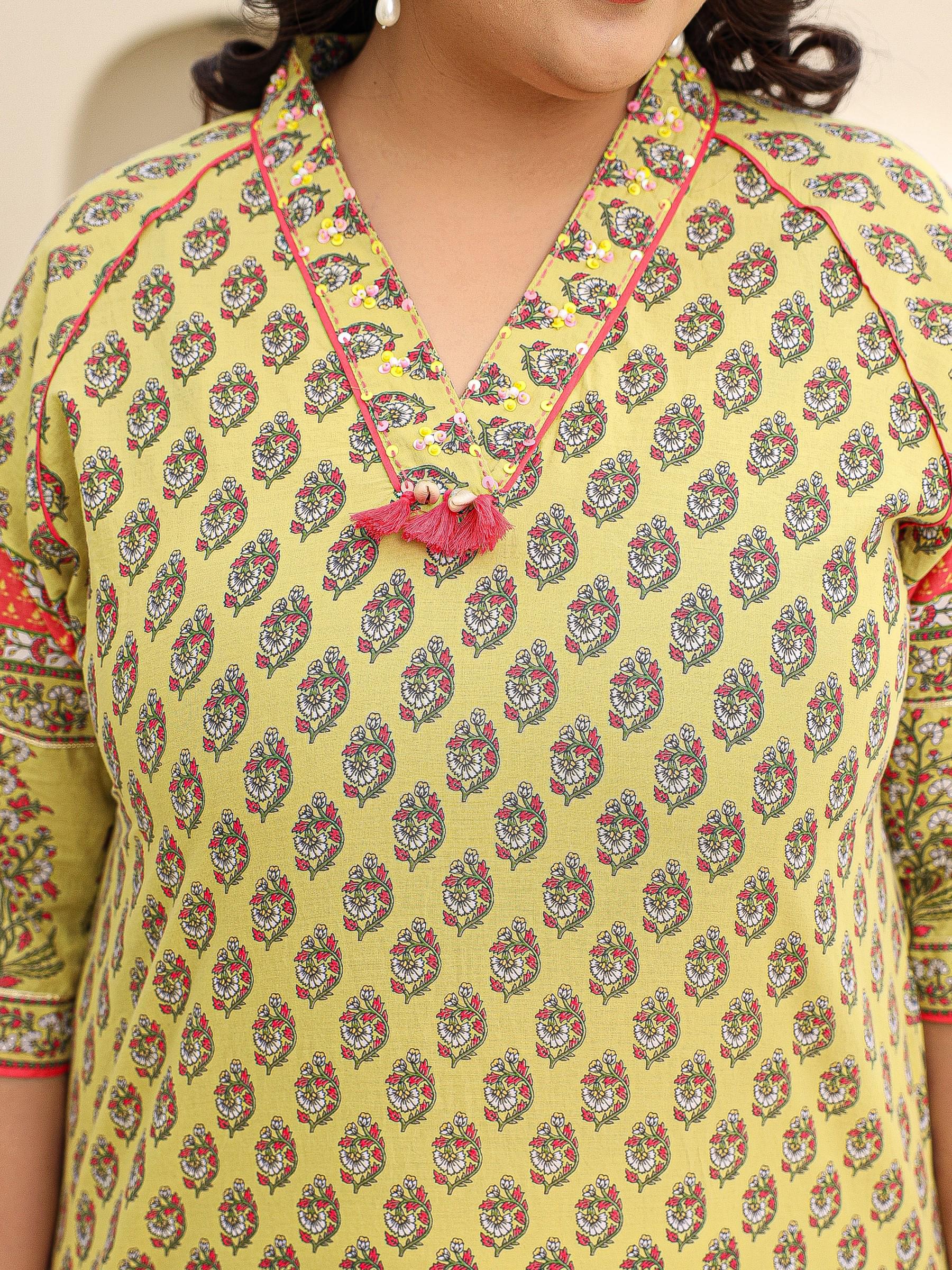 Juniper The Madhubala Women Lime Green Ethnic Motif Printed High Low Cotton Plus Size Kurta With Kaudis Tassels & Contract Piping