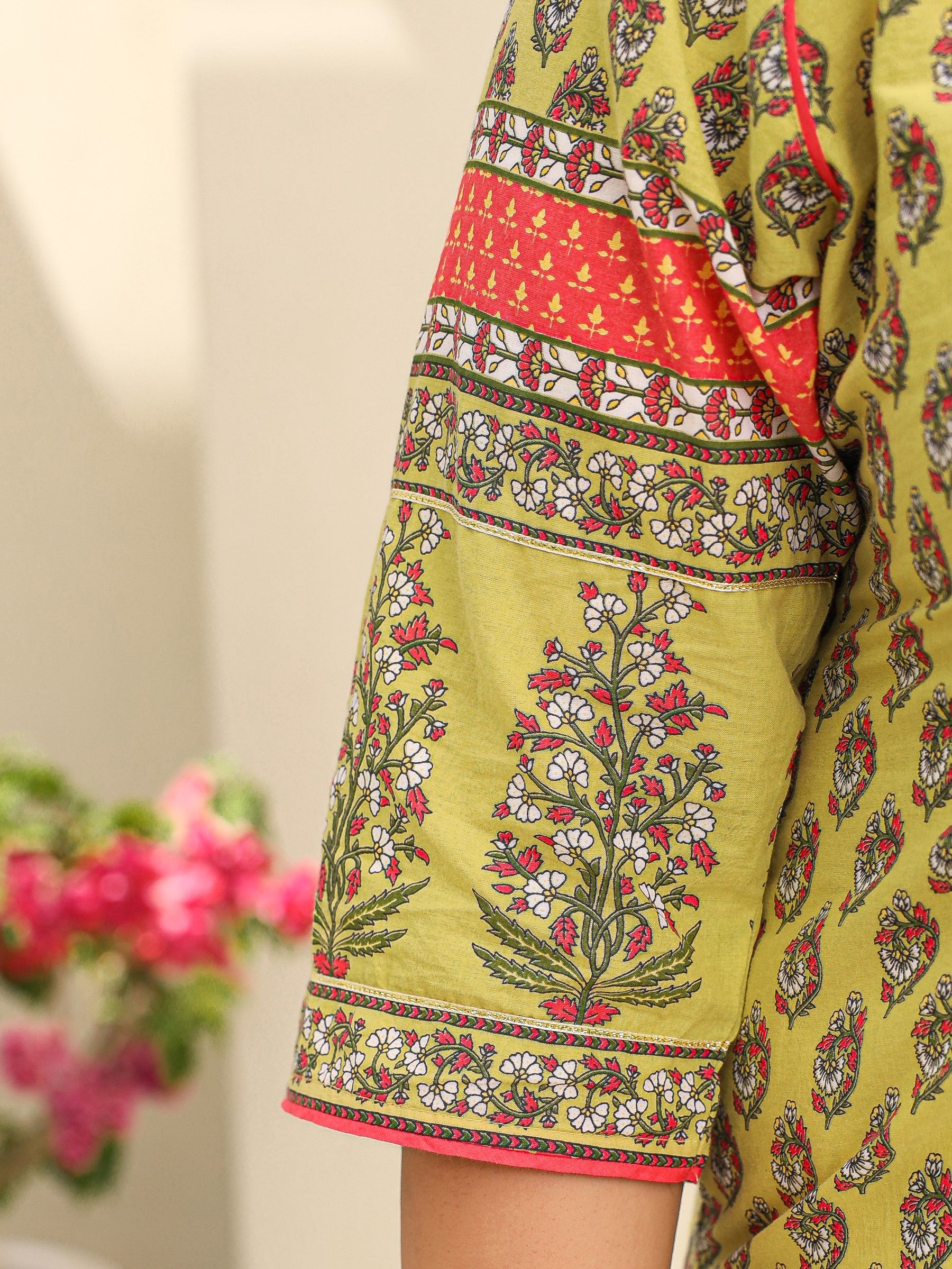 Juniper The Madhubala Women Lime Green Ethnic Motif Printed High Low Cotton Plus Size Kurta With Kaudis Tassels & Contract Piping