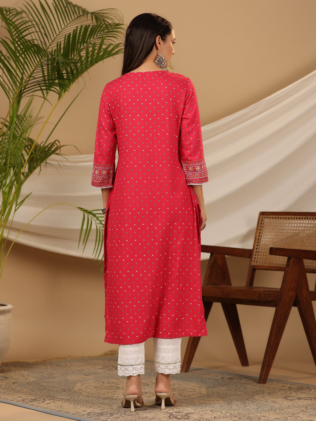 Juniper Pink Women Rayon Tribal Printed High-Low Kurta With 3D Handwork & Lace