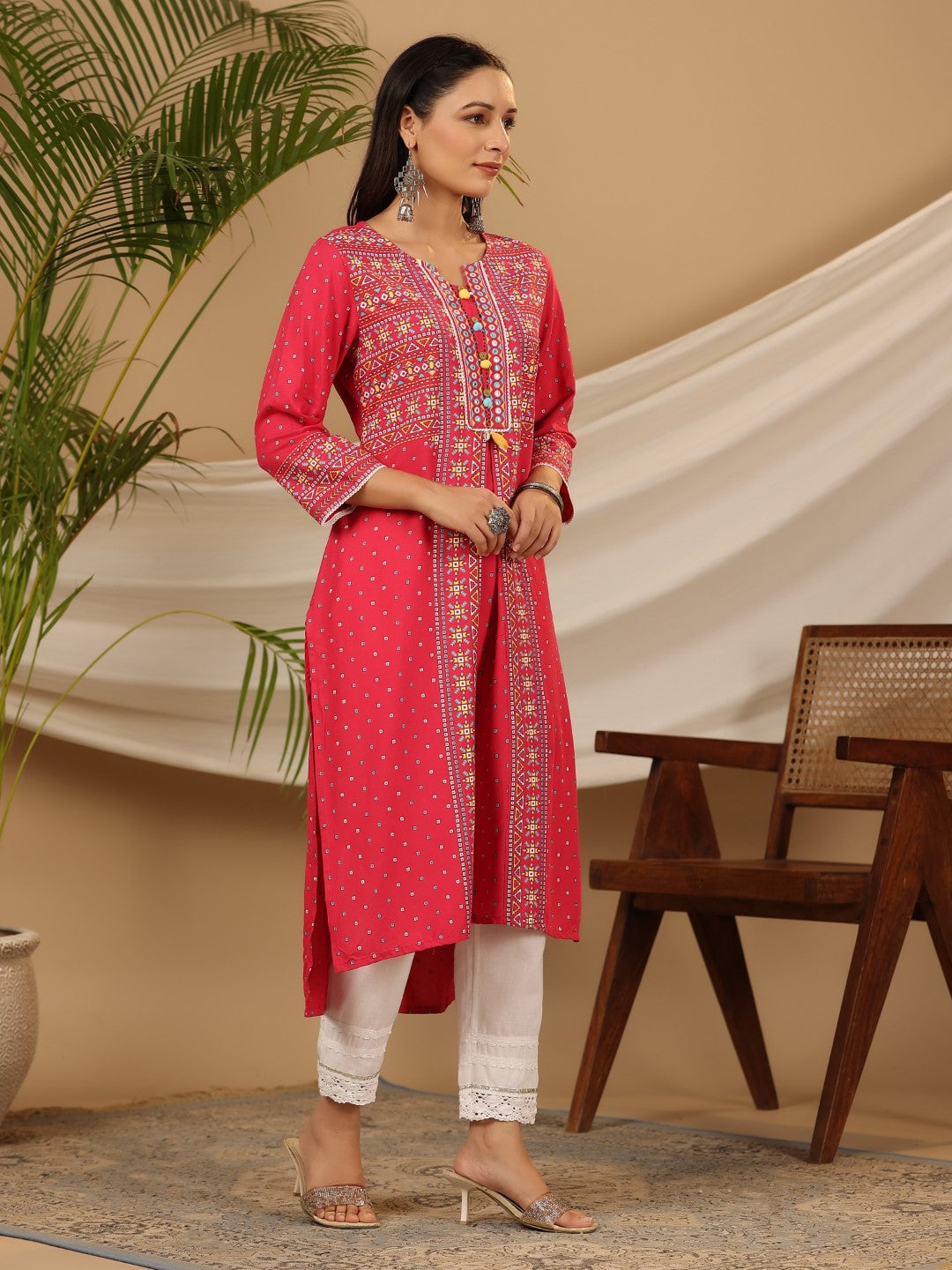 Juniper Pink Women Rayon Tribal Printed High-Low Kurta With 3D Handwork & Lace