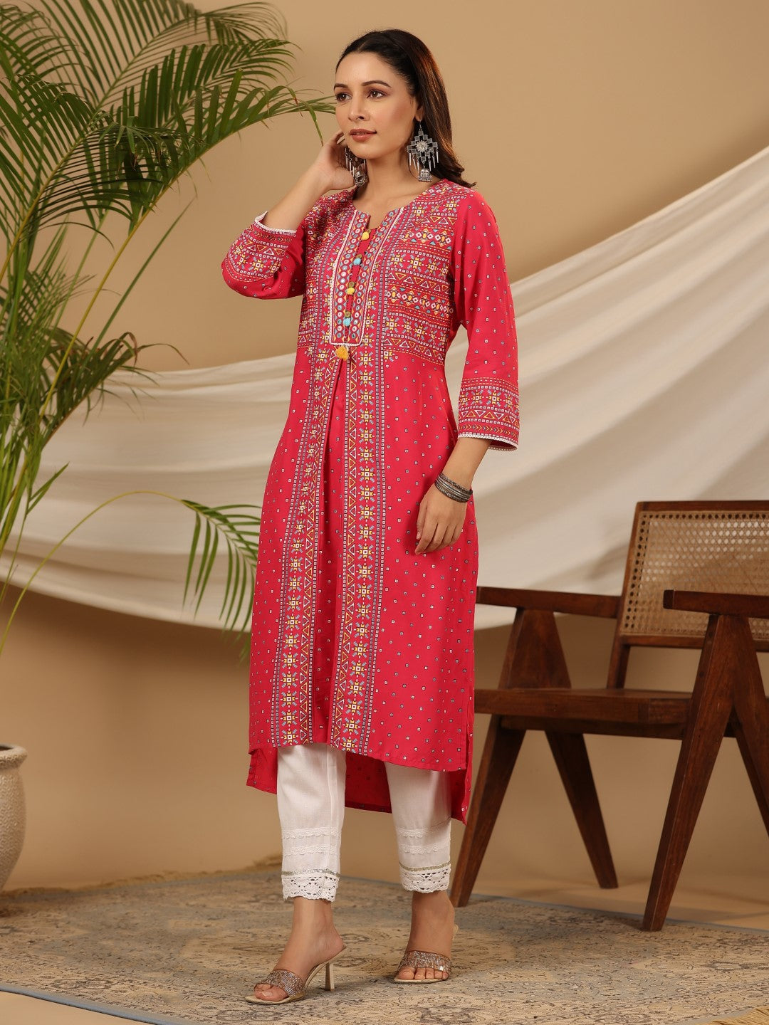 Juniper Pink Women Rayon Tribal Printed High-Low Kurta With 3D Handwork & Lace
