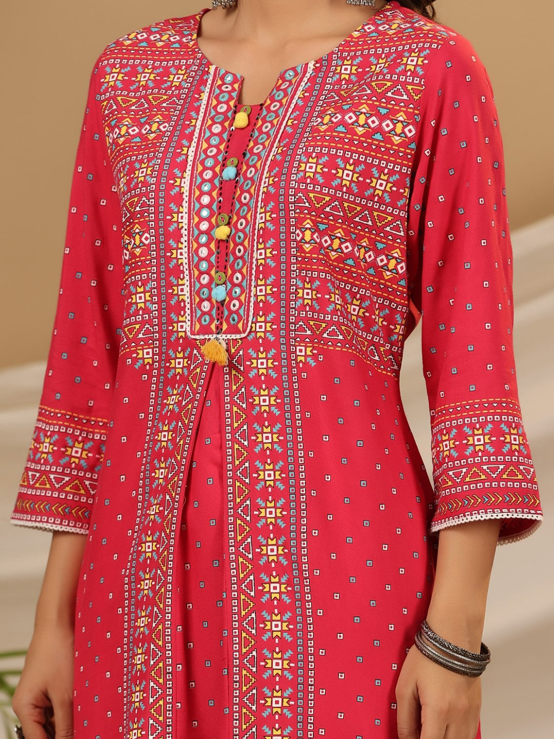 Juniper Pink Women Rayon Tribal Printed High-Low Kurta With 3D Handwork & Lace
