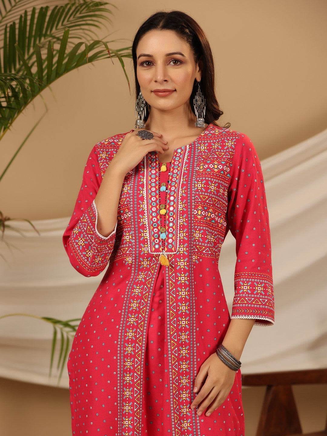 Juniper Pink Women Rayon Tribal Printed High-Low Kurta With 3D Handwork & Lace