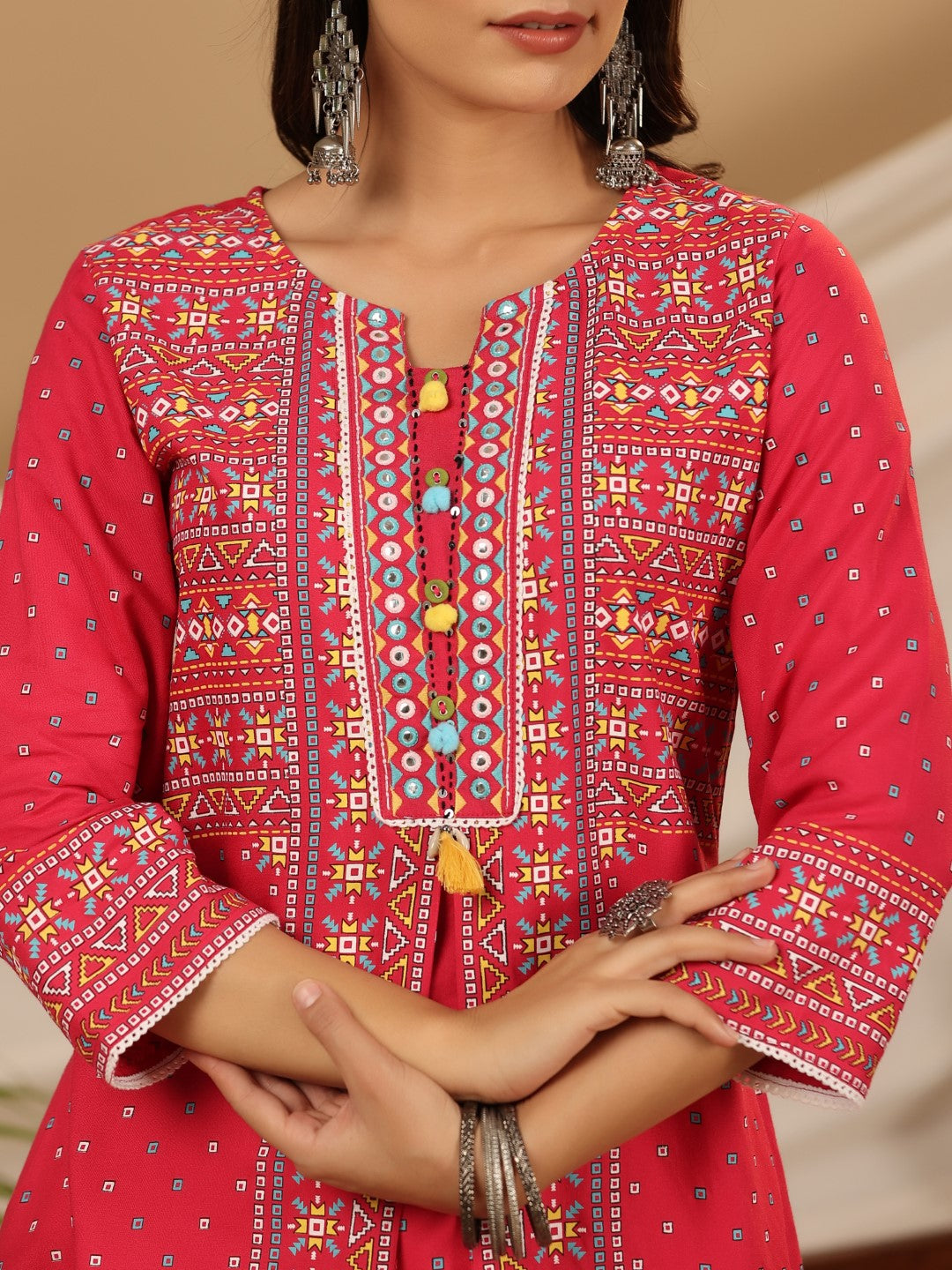 Juniper Pink Women Rayon Tribal Printed High-Low Kurta With 3D Handwork & Lace